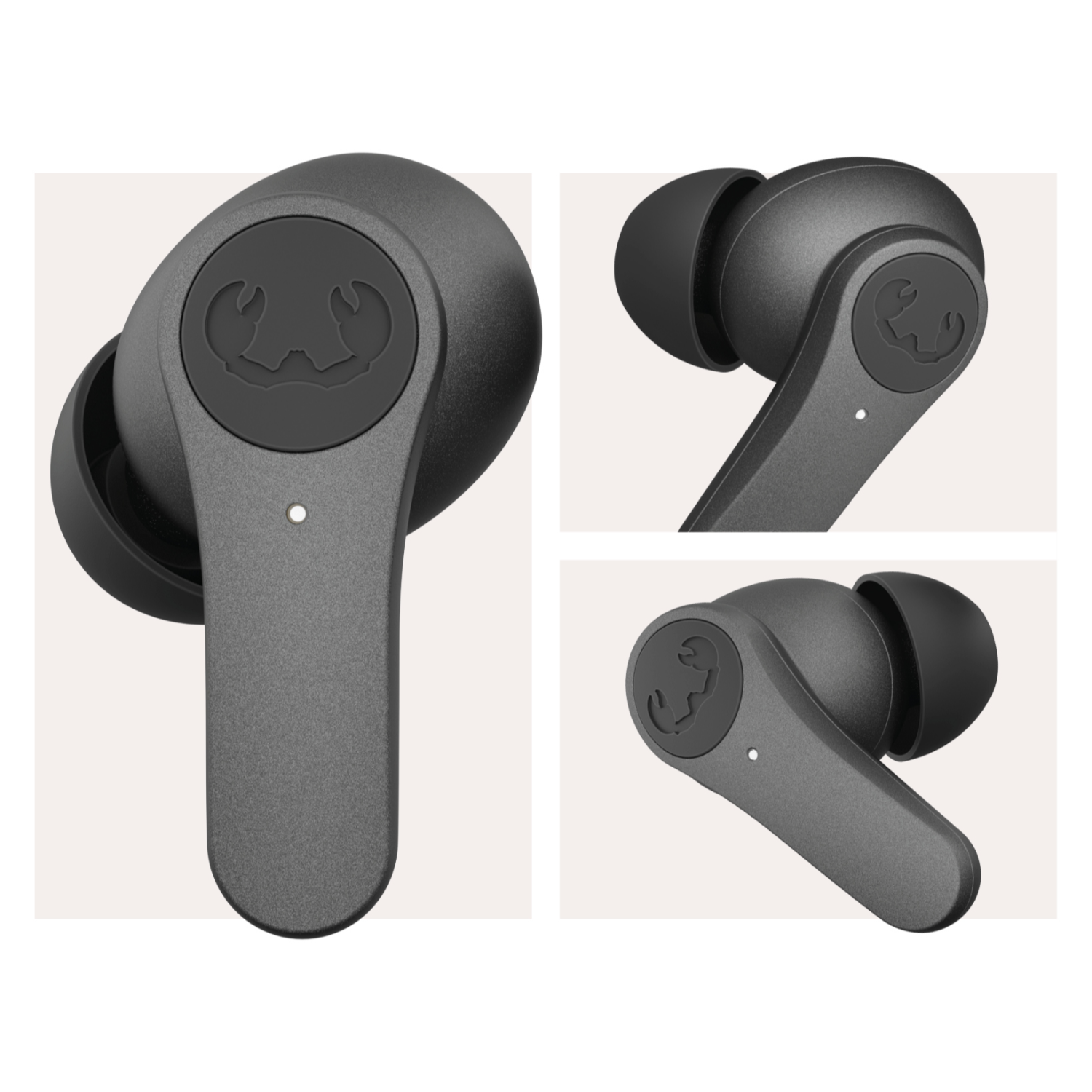 Trzy widoki słuchawki Fresh Rebel. Szary kolor z logo. Wyświetlane są zbliżenia.