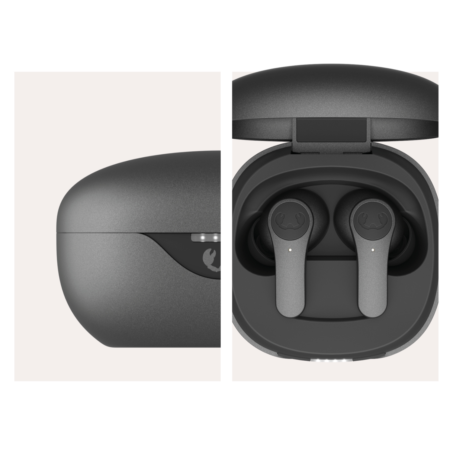 Dwa zdjęcia szarych bezprzewodowych słuchawek. Białe tło.