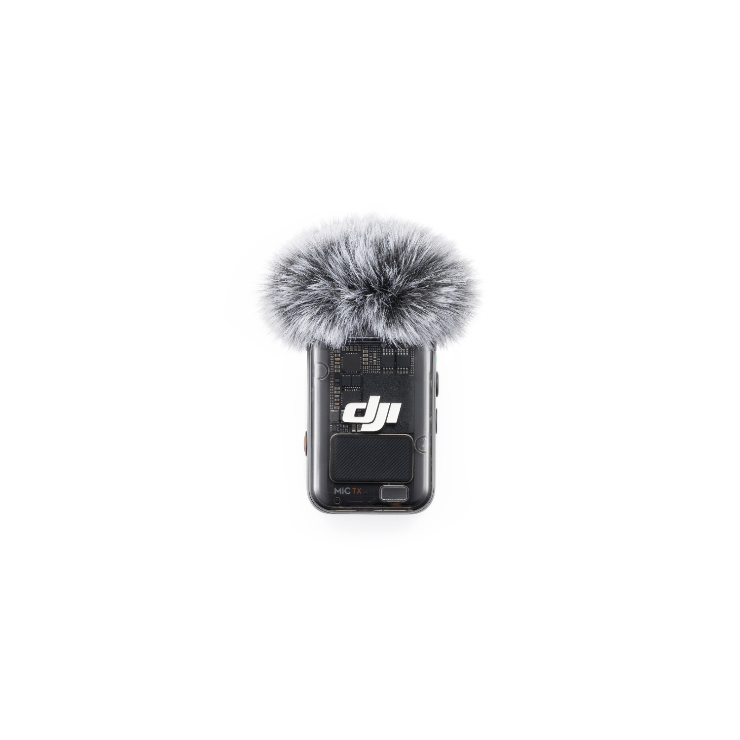 DJI Mic TX Mikrofon. Das Mikrofon ist schwarz mit einem Fellbezug. Der Hintergrund ist schwarz.