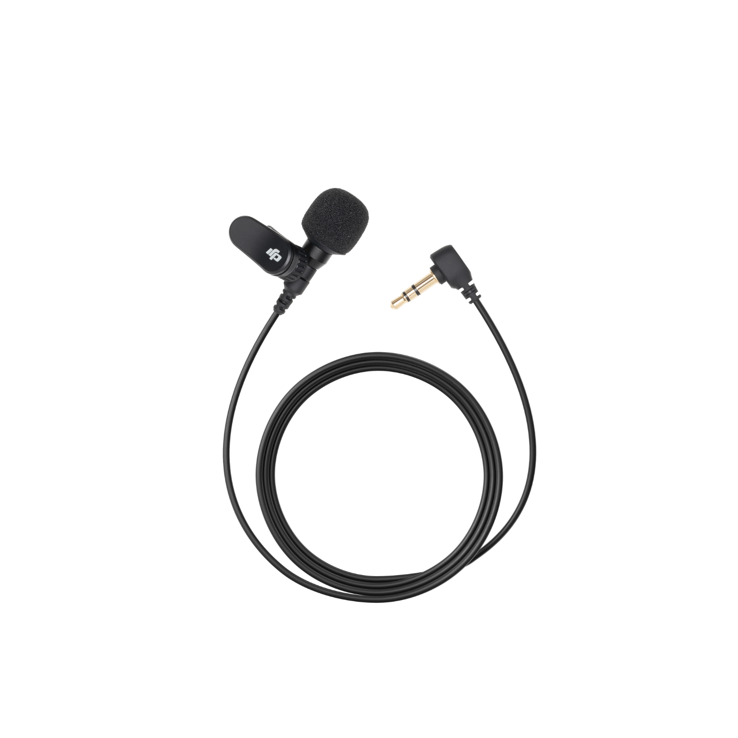 Kleines schwarzes Mikrofon mit Schaumstoffabdeckung und goldfarbenem Stecker. Schwarzes Kabel.