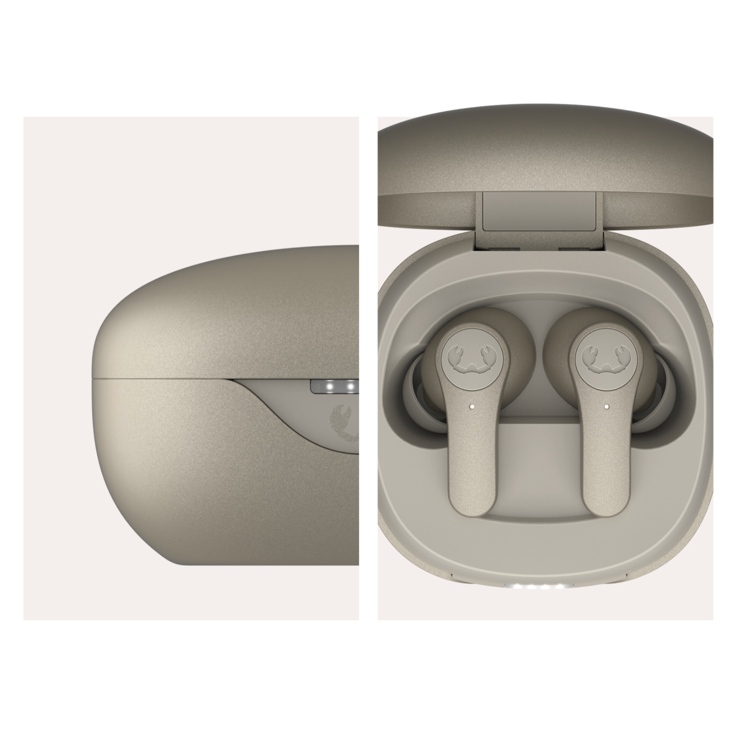 Kopfhörer mit Ladecase in beige. Das Markenlogo und die Ladelichter sind sichtbar.
