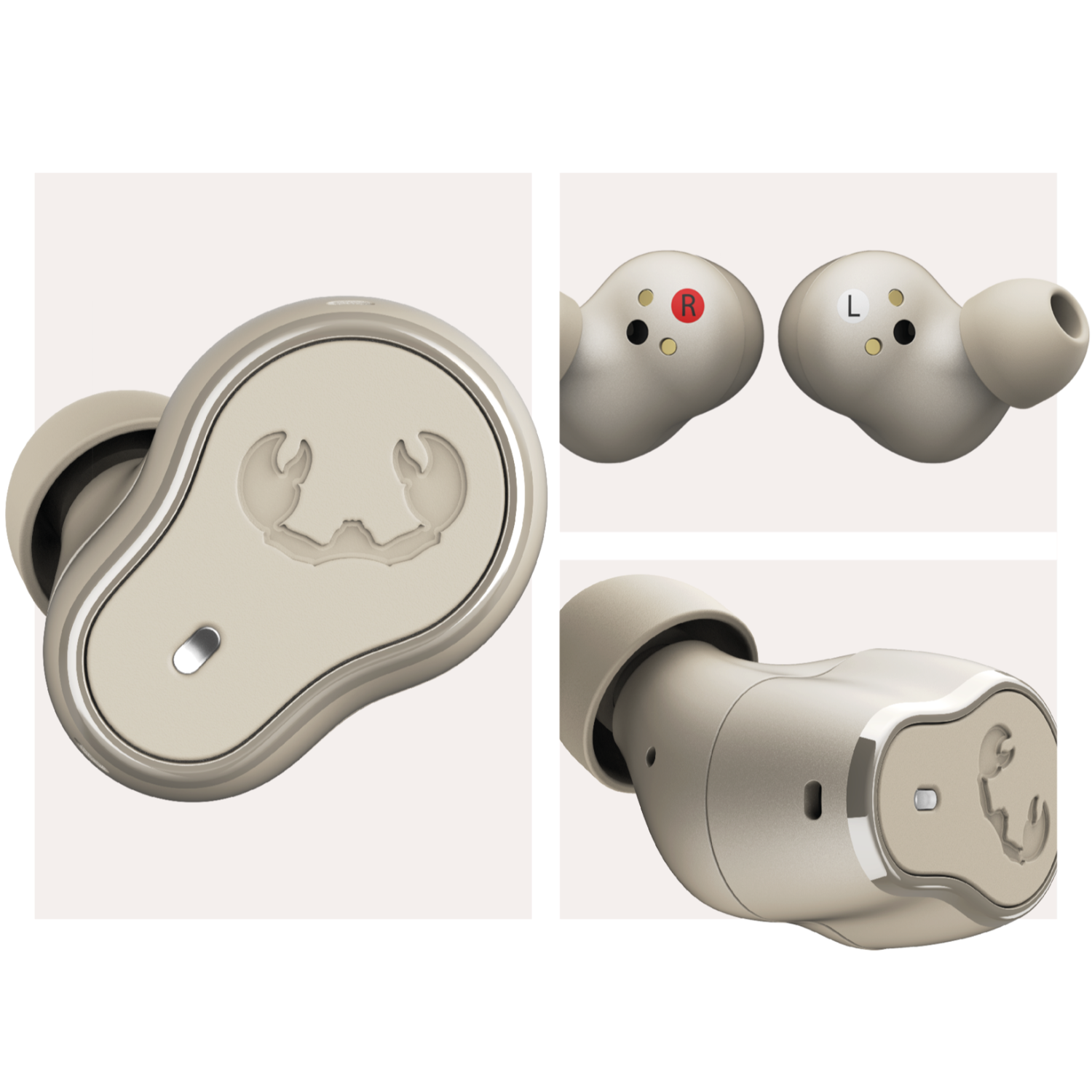 Beige Ohrhörer mit Krabbenlogo. Drei Ansichten zeigen Details und Markierungen.