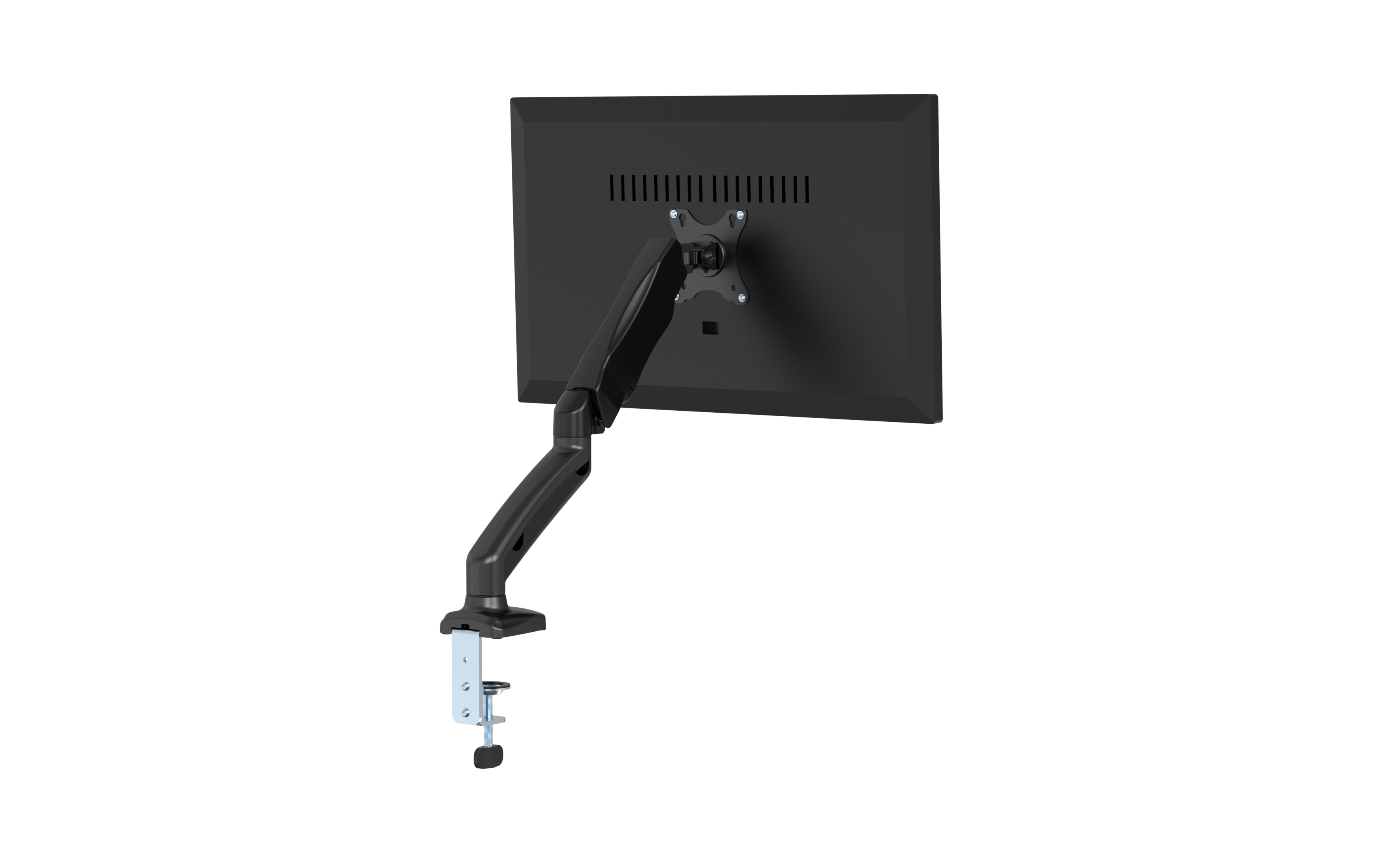 Schwarzer Monitorarm mit befestigtem Monitor und weißem Hintergrund.