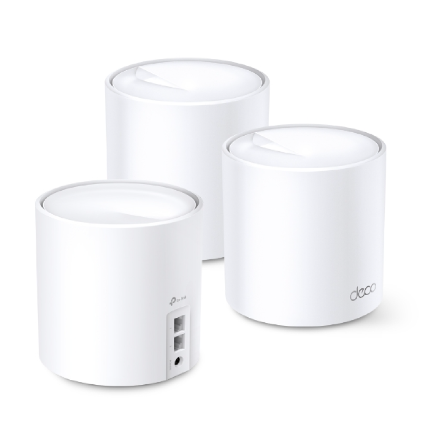Drei weiße zylindrische TP-Link Deco Mesh WiFi-Einheiten auf weißem Hintergrund.