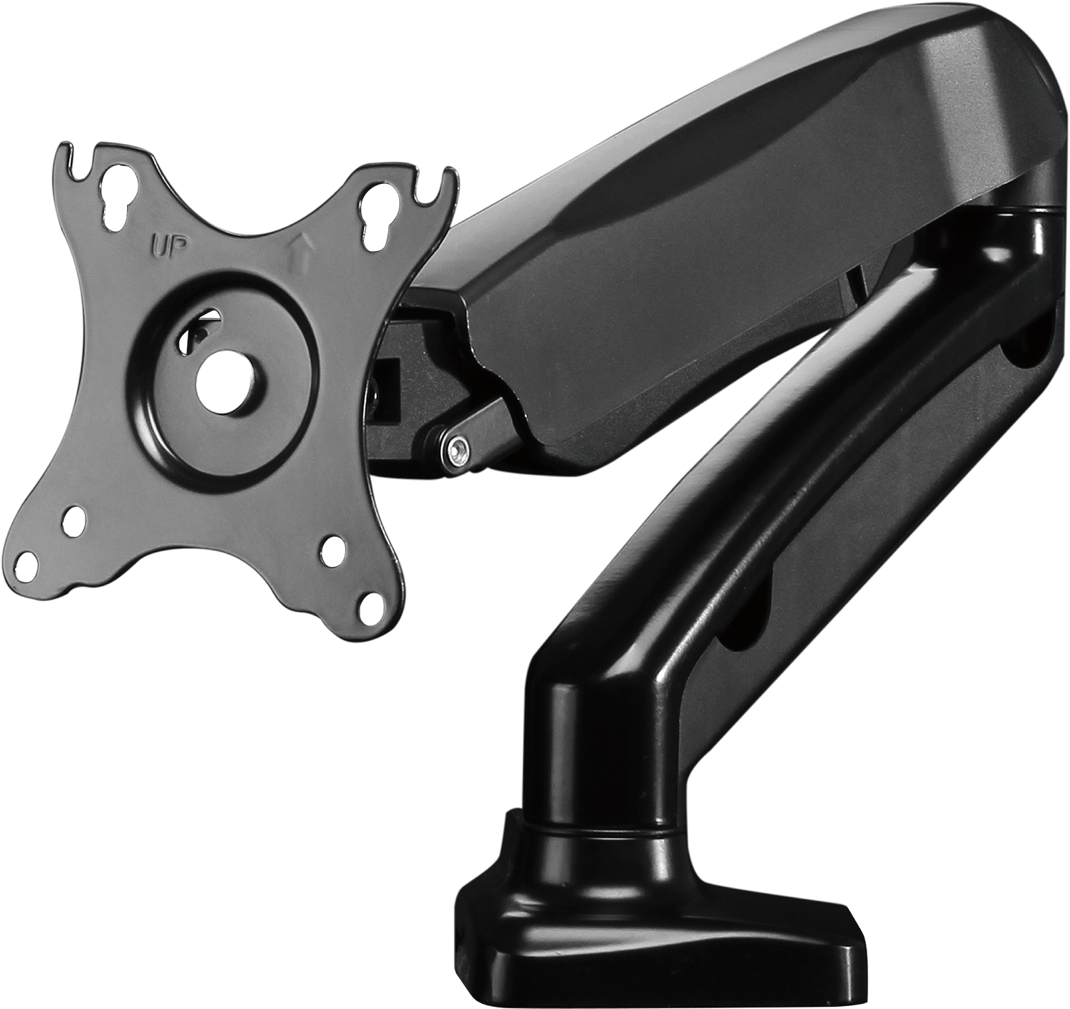 Ein schwarzer Monitorarm mit Montageplatte und verstellbarem Arm.