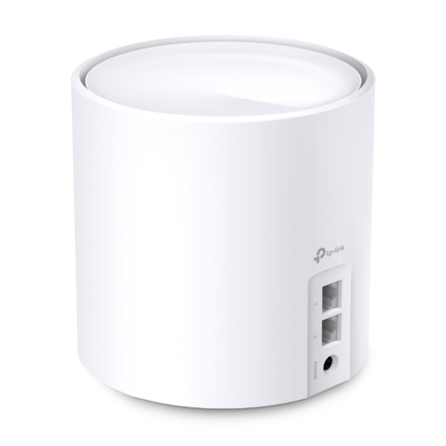 Weißer zylindrischer Router mit Anschlüssen. Weißer Hintergrund.