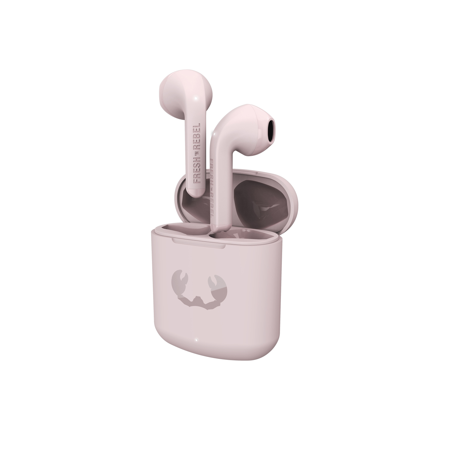 Różowe bezprzewodowe słuchawki i etui ładujące, z tekstem marki na słuchawkach.