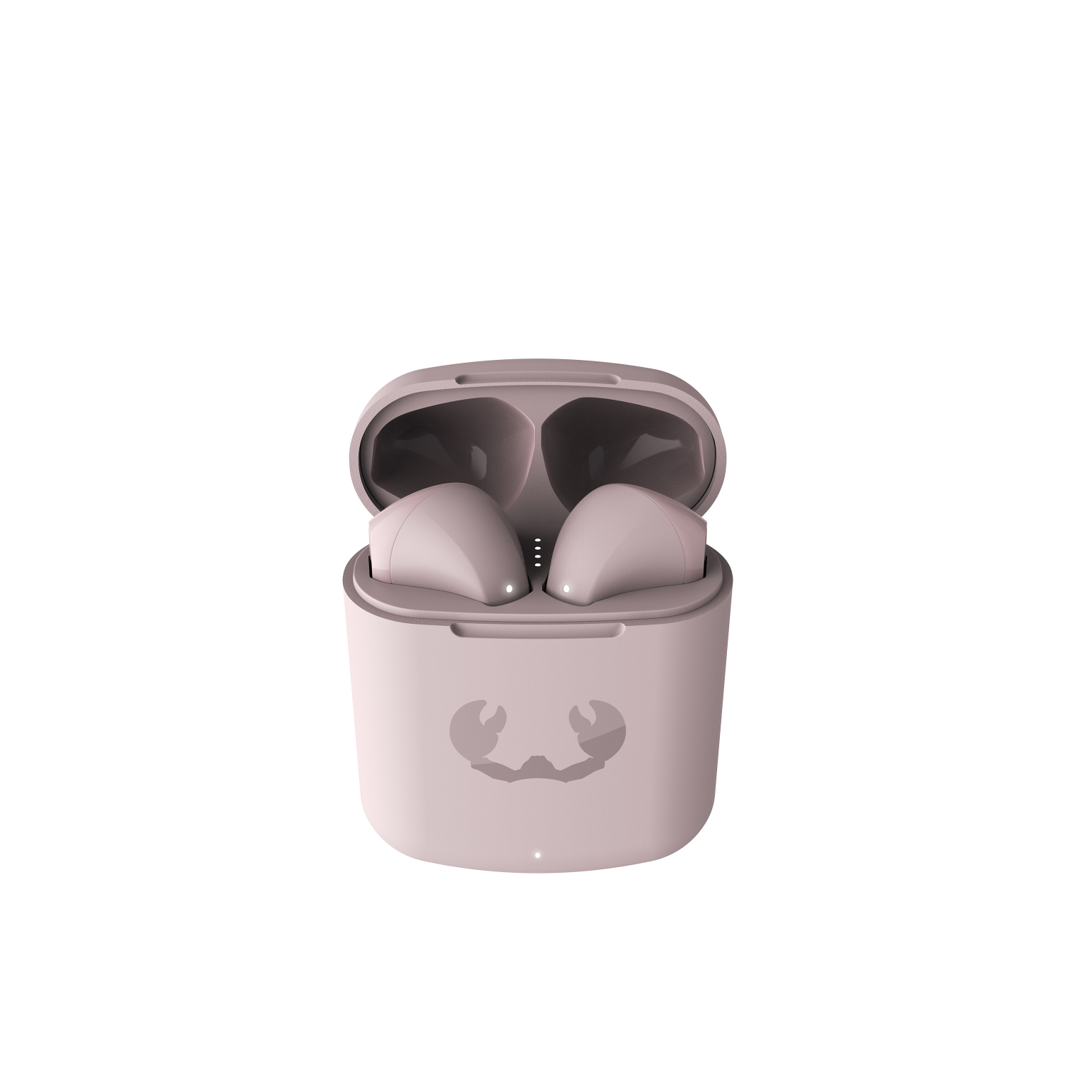 Różowe bezprzewodowe słuchawki w etui ładującym z logo kraba na białym tle.