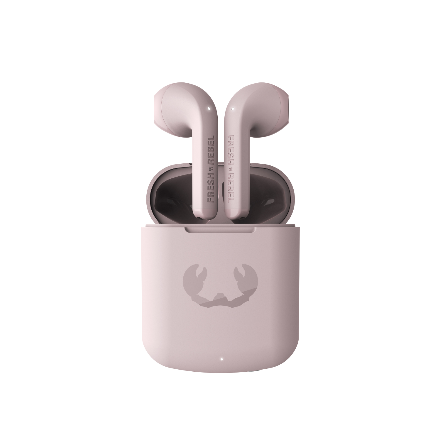 Różowe słuchawki w różowym etui ładującym. Etui ma logo kraba i białe tło.