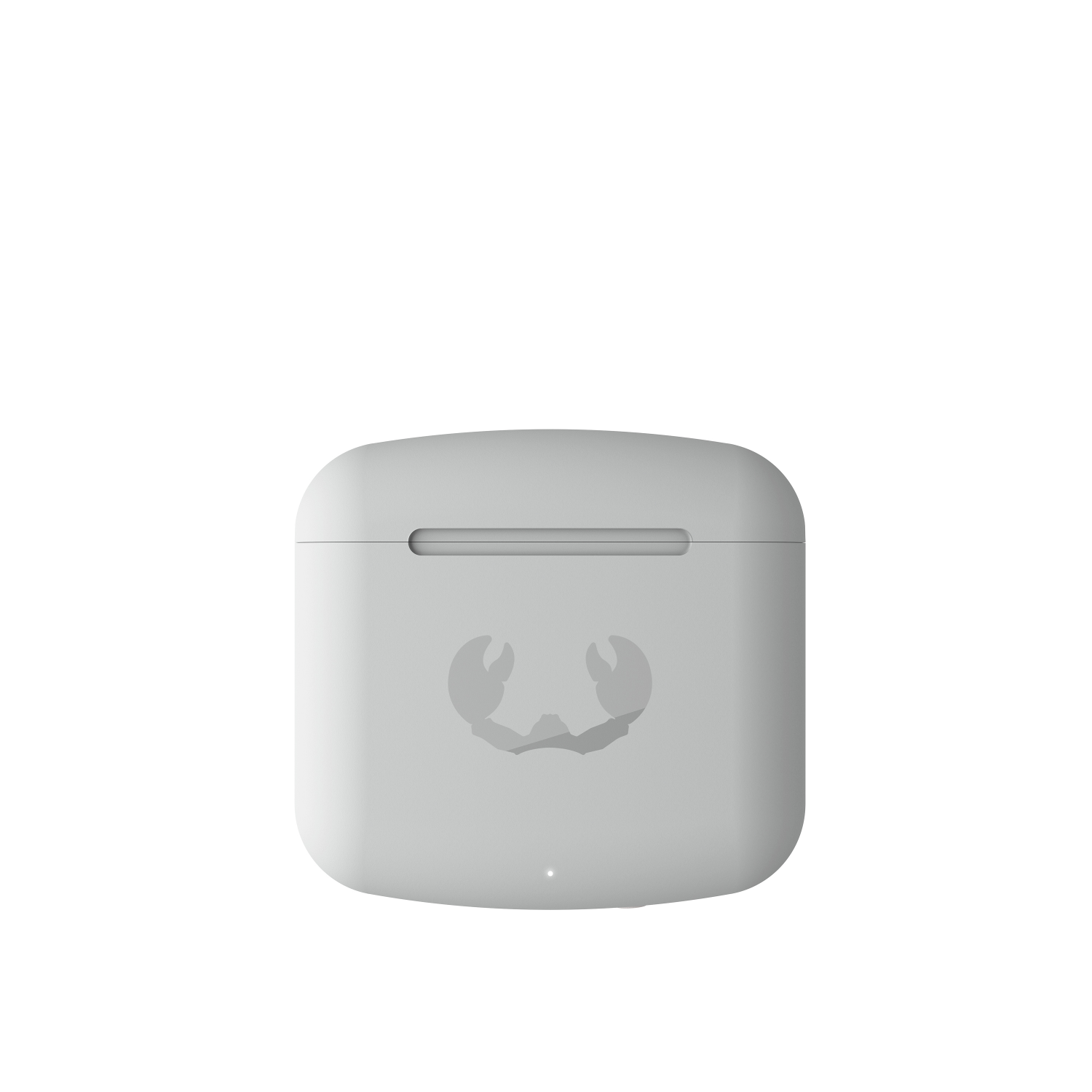 Hellgraues AirPods-Etui mit Krabbenlogo. Weißer Hintergrund.