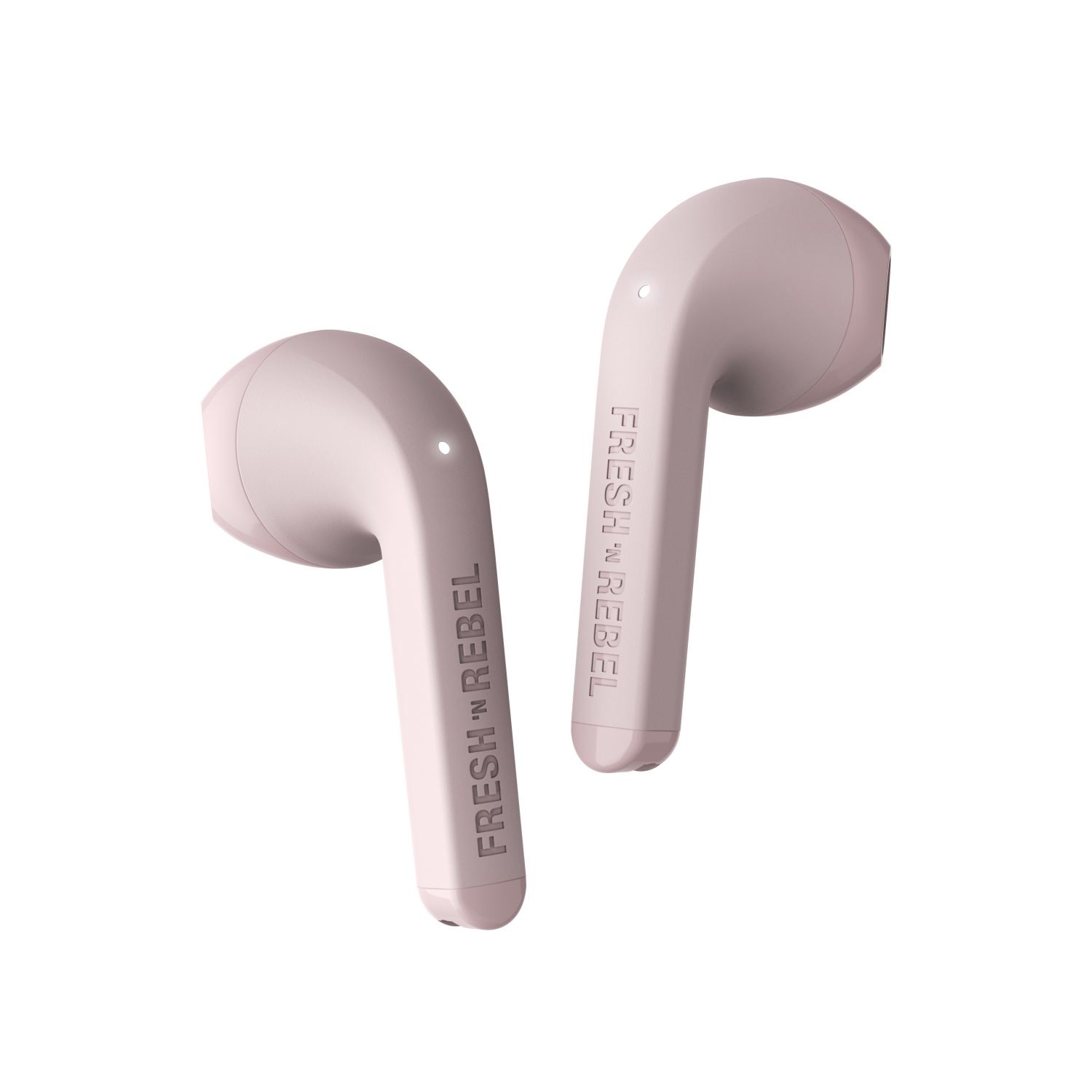 Różowe słuchawki douszne z napisem 'FRESH 'N REBEL' na białym tle.