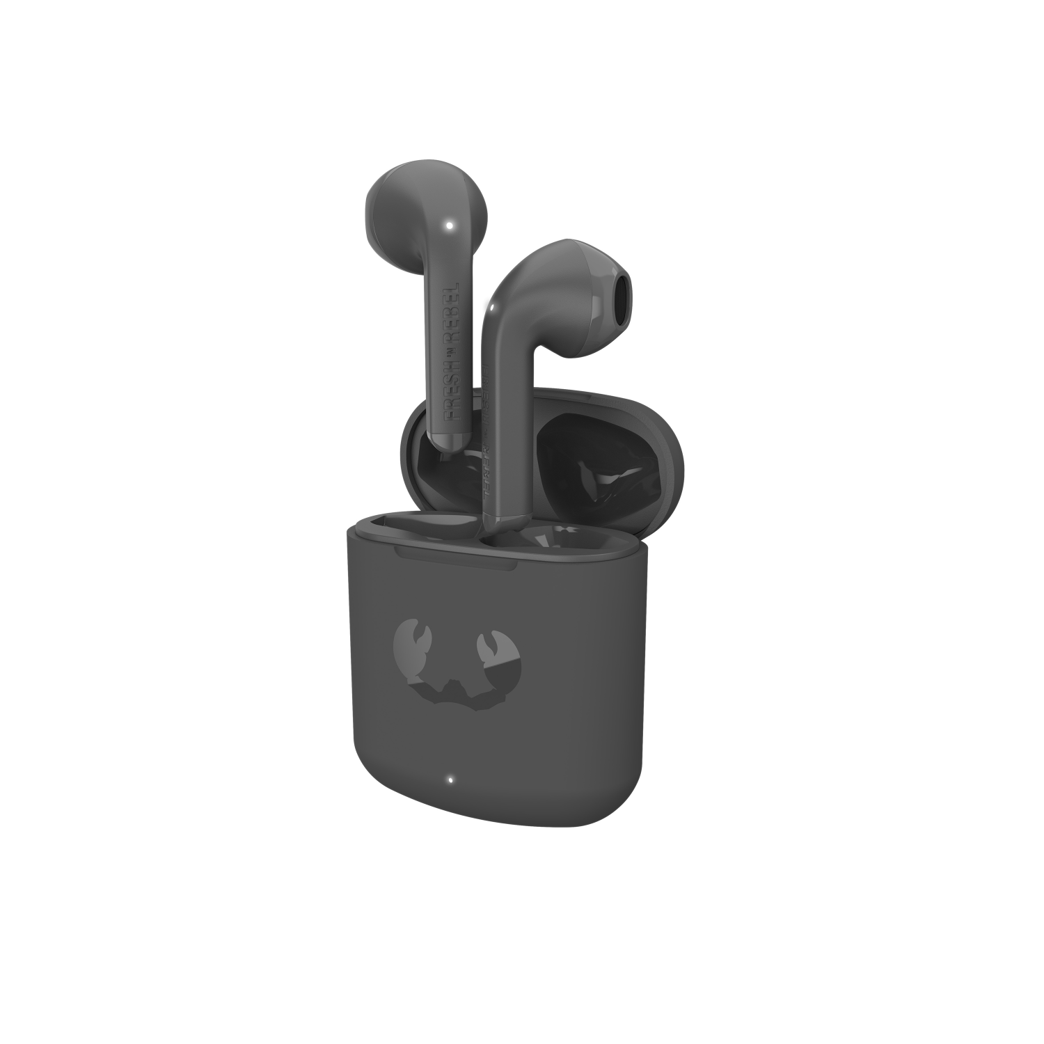 Auricolari neri in una custodia di ricarica. La custodia e gli auricolari hanno un logo.