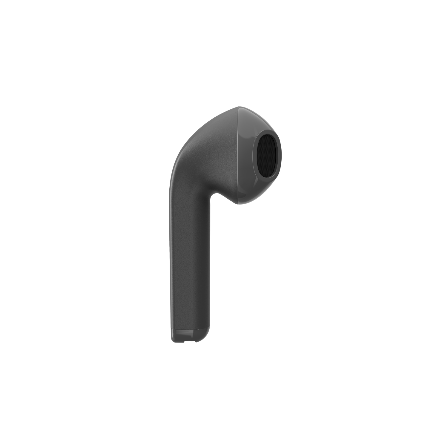 Un auricolare wireless grigio su sfondo bianco.