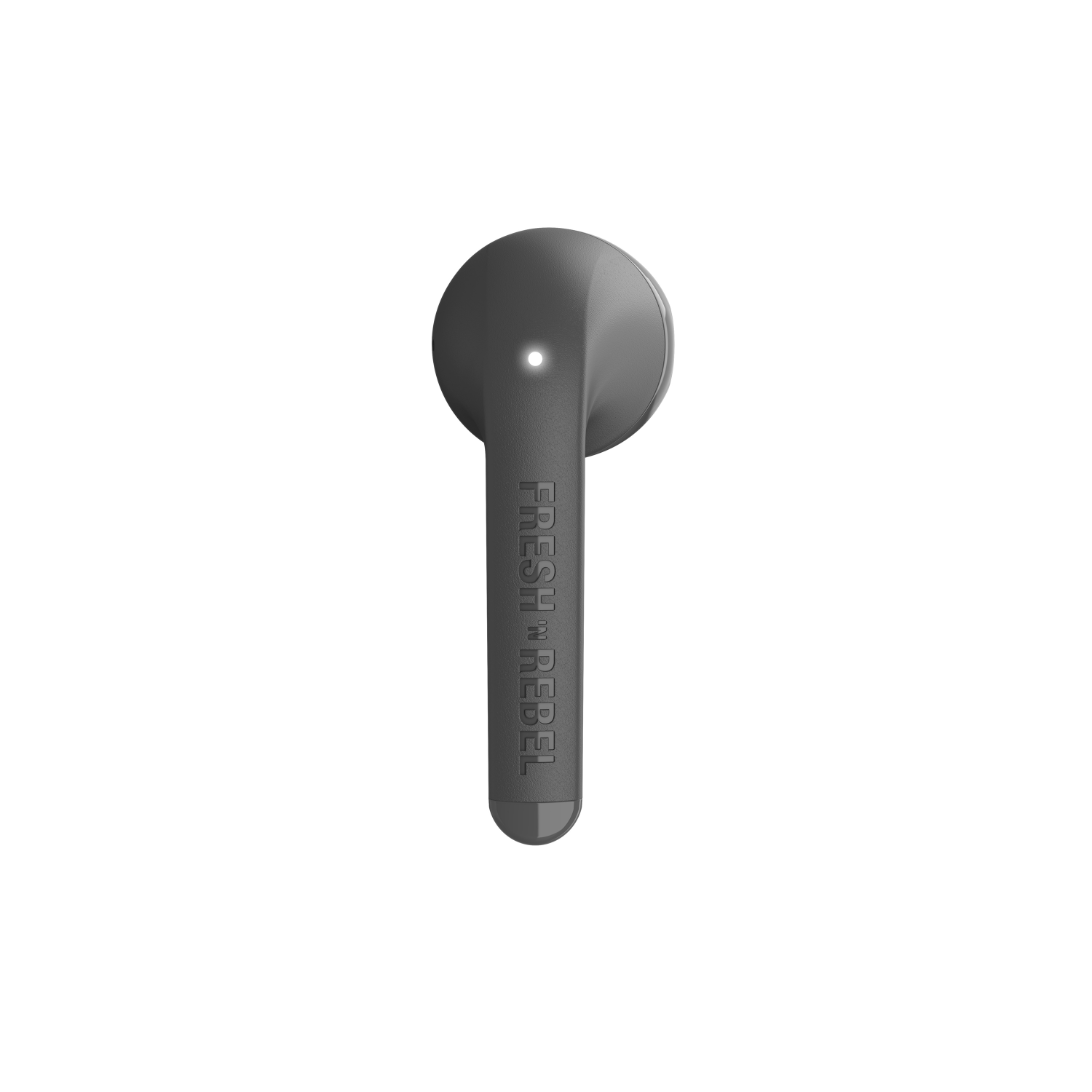 Auricolare Fresh 'n Rebel. Grigio, con logo e luce su sfondo bianco.