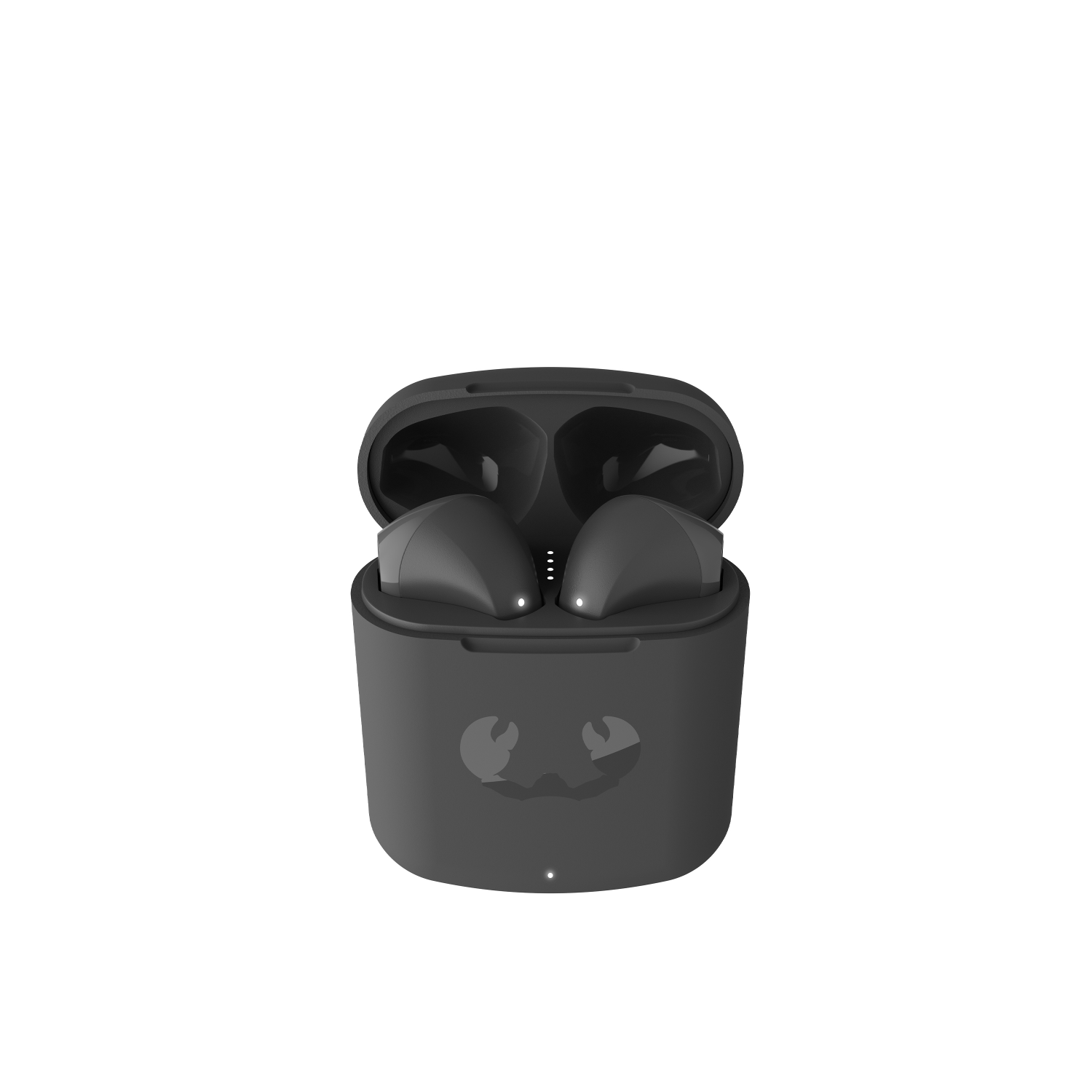 Auricolari neri in una custodia di ricarica nera con logo a granchio. Custodia aperta.