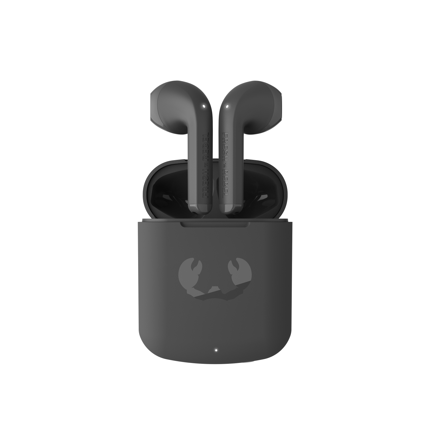 Due auricolari wireless neri in una custodia di ricarica grigia. La custodia e gli auricolari hanno lo stesso colore.