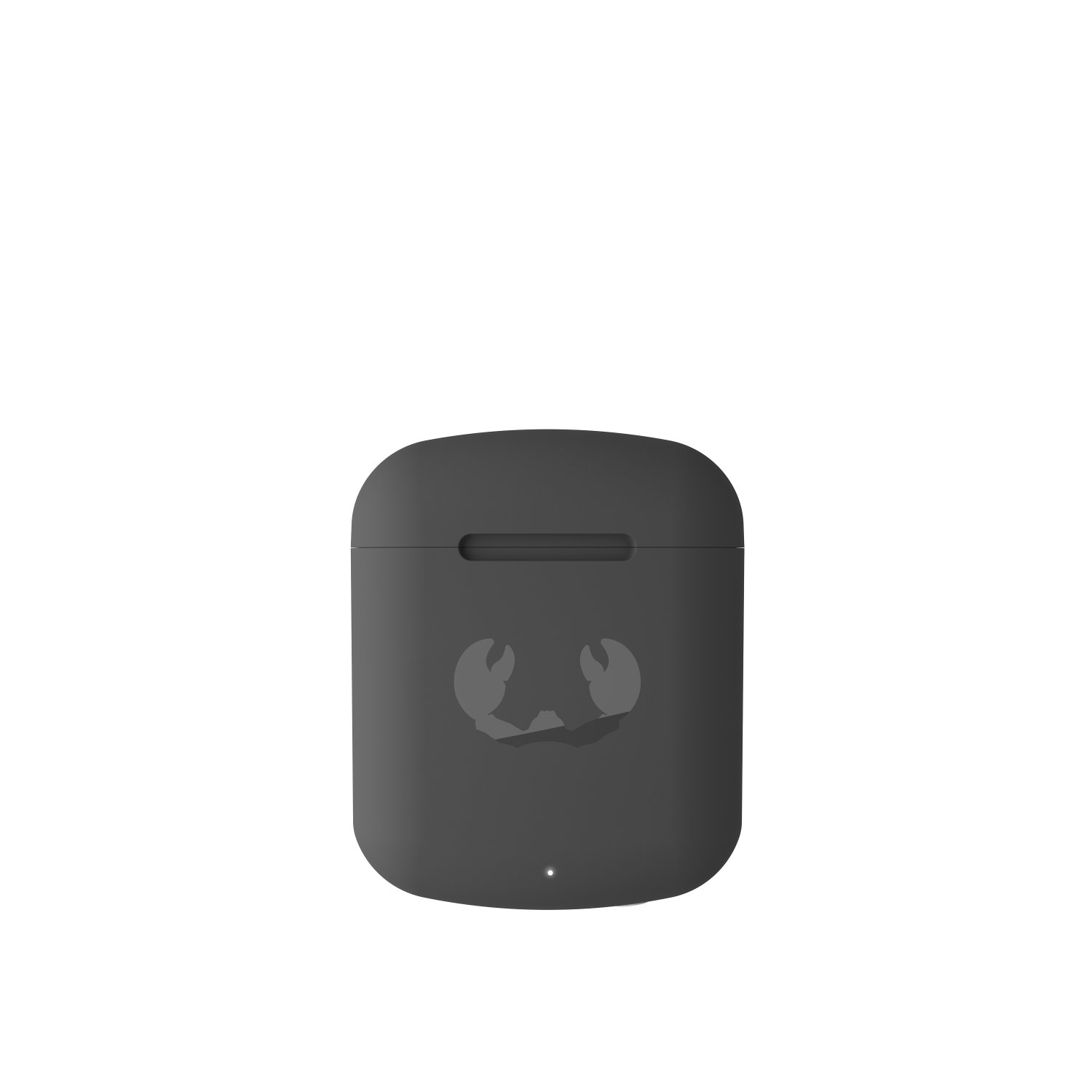 Custodia AirPods grigio scuro con logo granchio. La custodia è chiusa e ha una piccola luce di ricarica.