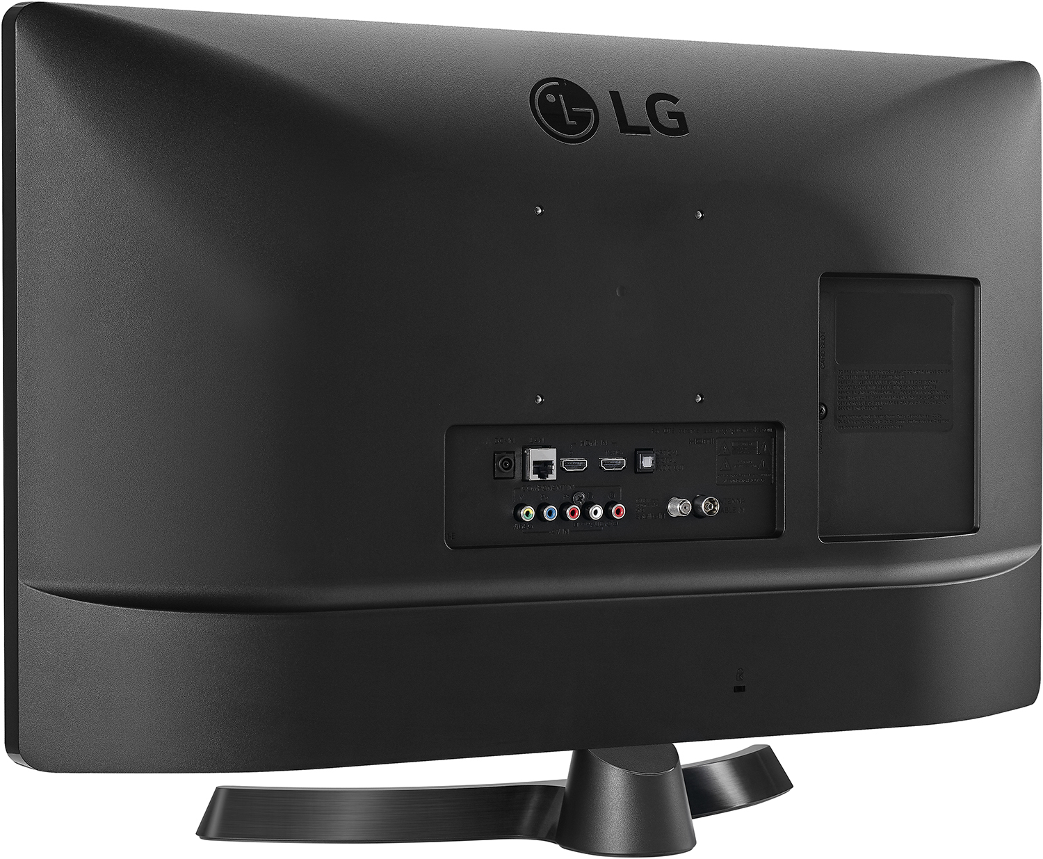 Vista posteriore di una TV LG nera con porte e supporto.