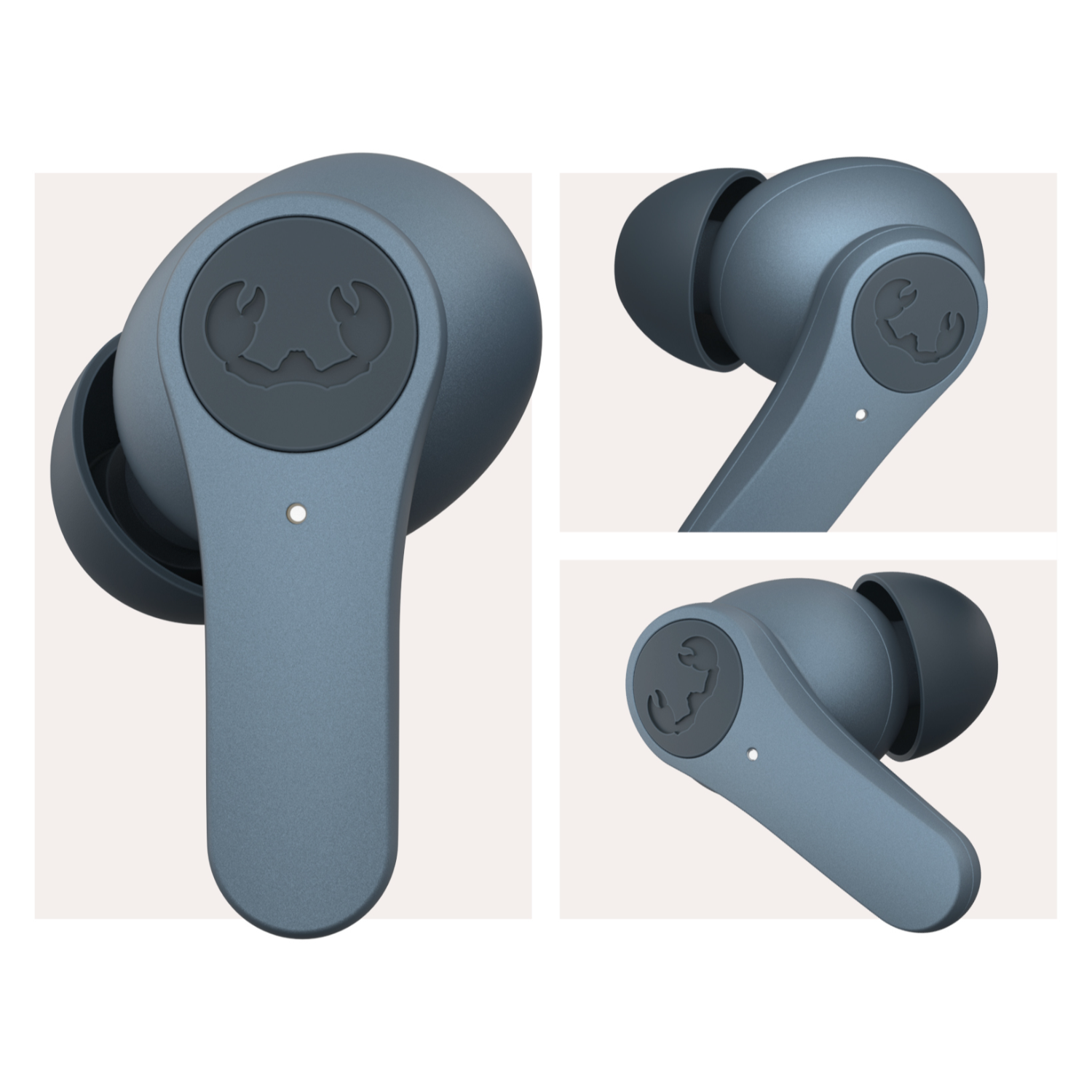 Trzy zdjęcia niebieskich słuchawek. Mają logo.