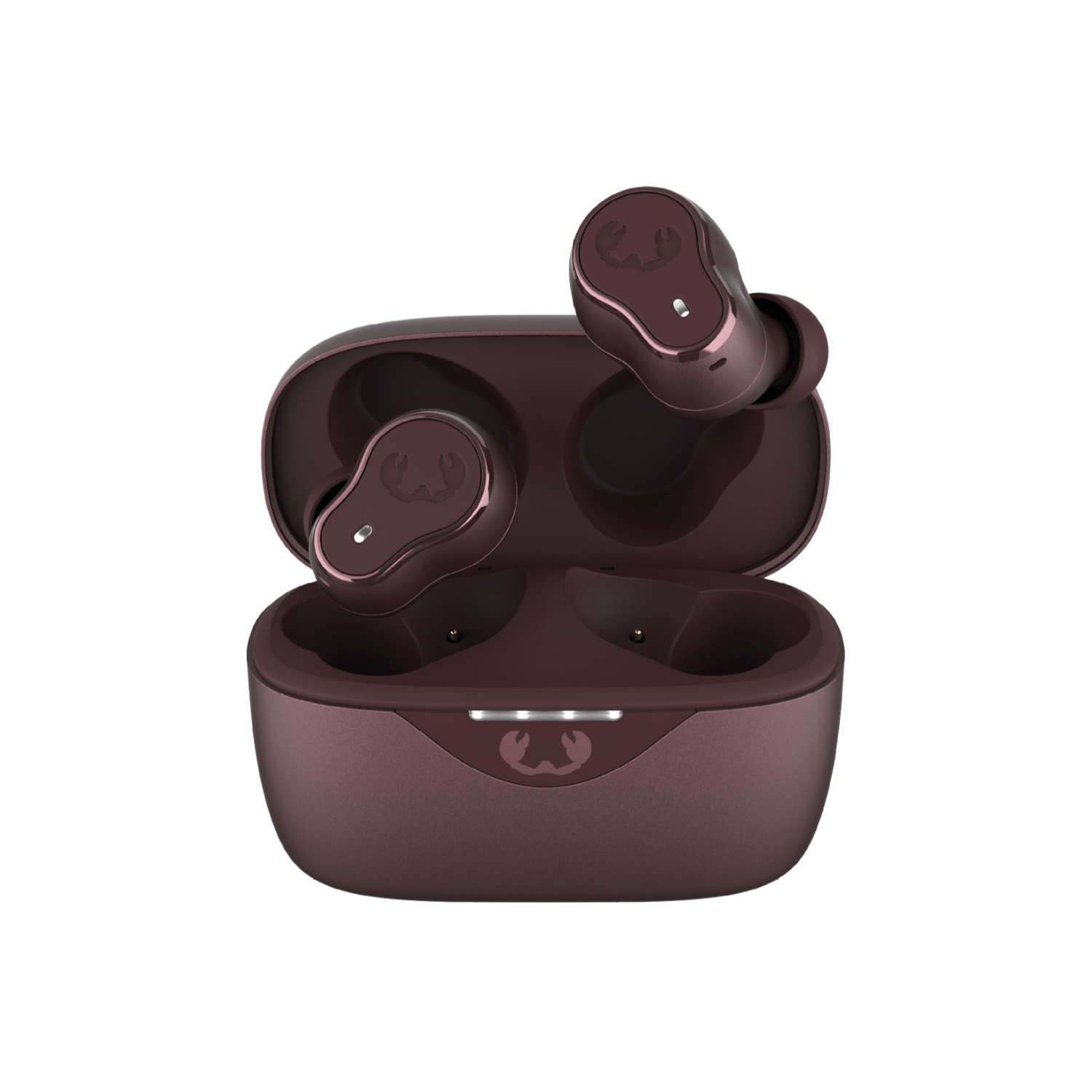 Un paio di auricolari wireless marroni in una custodia di ricarica marrone aperta su nero.
