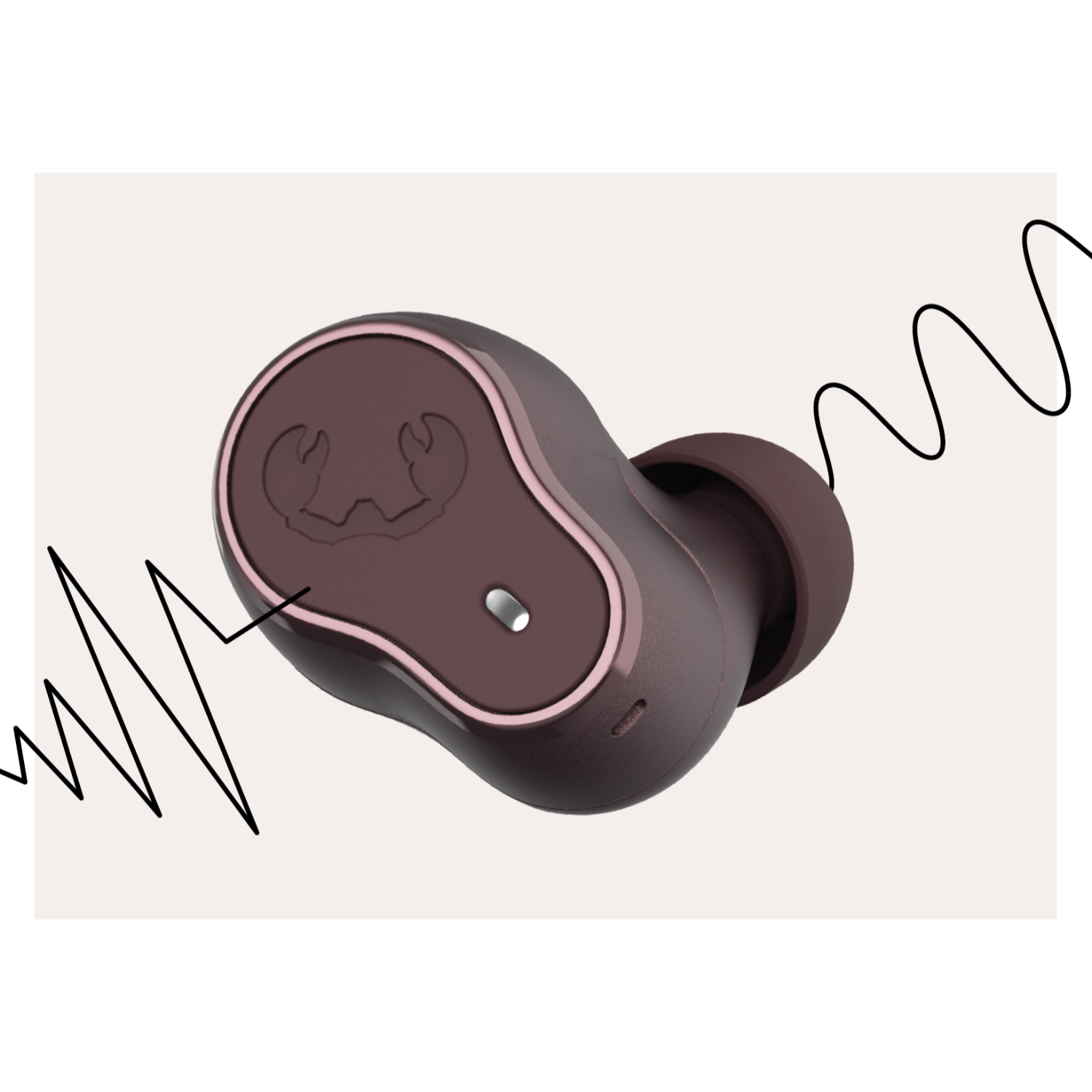 Auricolare. Marrone e rosa, con logo a granchio. Linee nere a zig-zag su sfondo rosa chiaro.