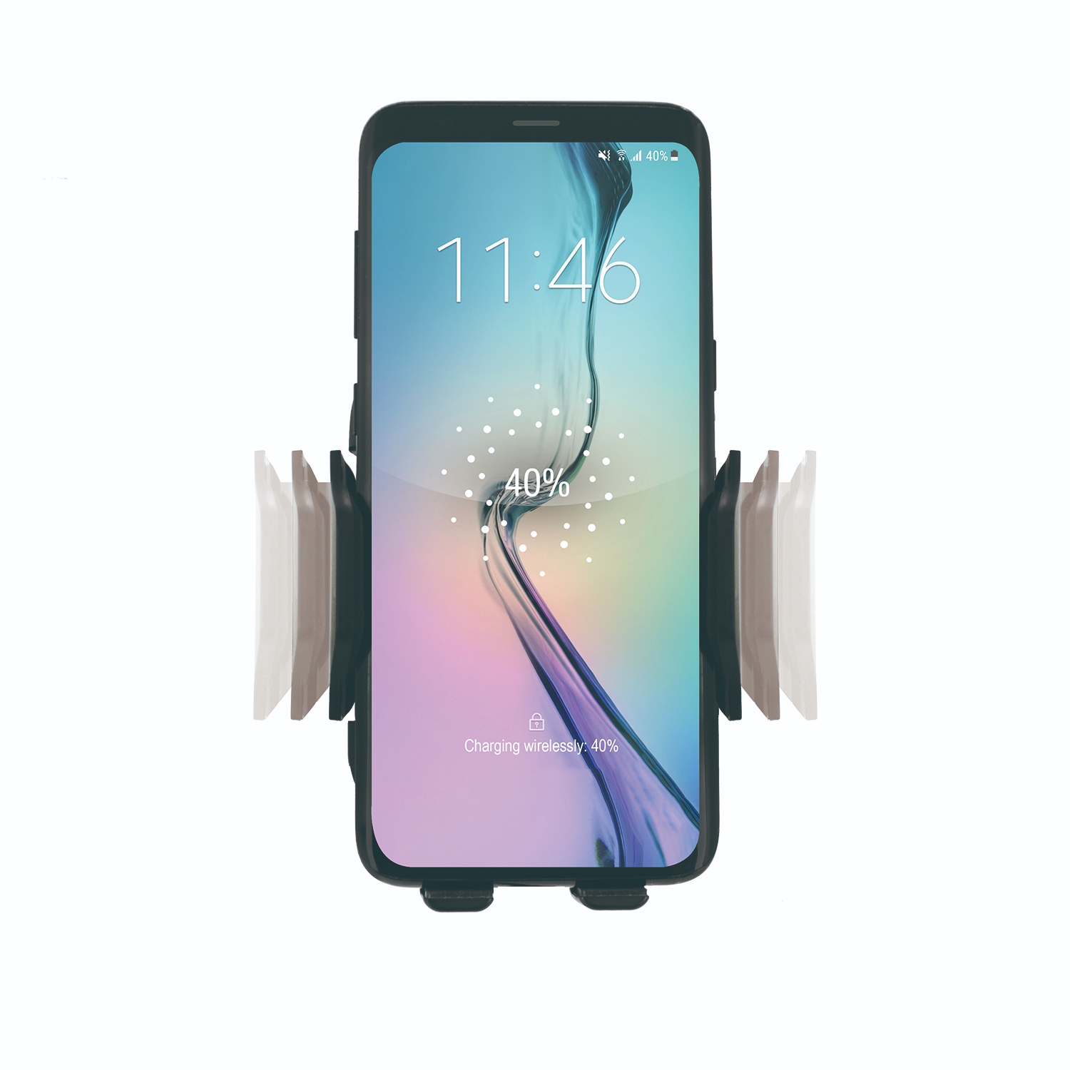 Een zwarte telefoon in een houder met een scherm dat 11:46 weergeeft, draadloos opladen 40%.