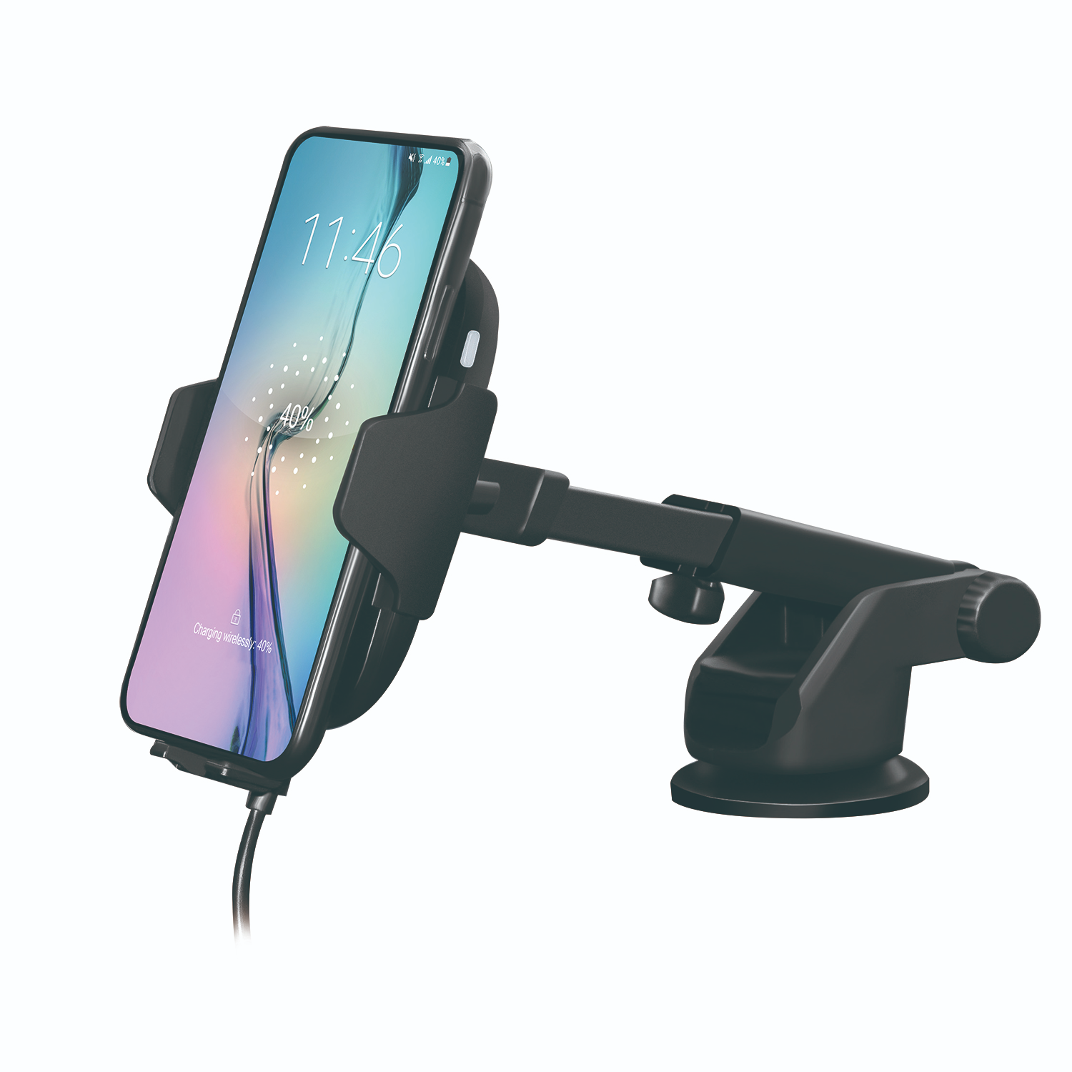 Zwarte telefoonhouder met telefoon. Telefoon toont opladen en tijd 11:46.
