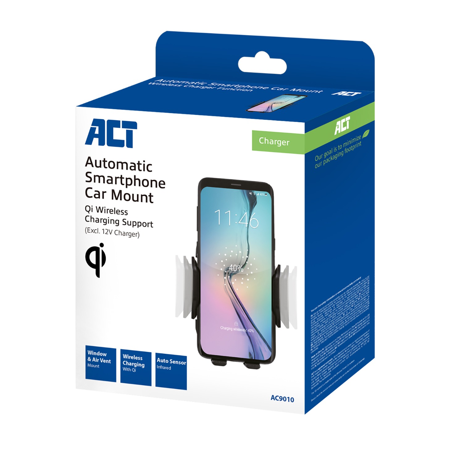 Doos voor een telefoonhouder voor in de auto. Toont een telefoon in de houder, draadloos opladen. Qi draadloos opladen.