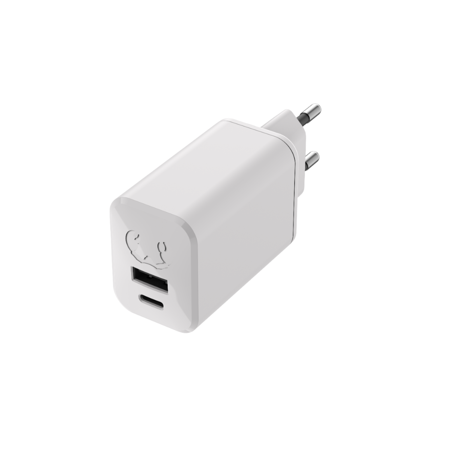 Witte USB-oplader met twee poorten. De oplader heeft een stekker en twee USB-poorten.