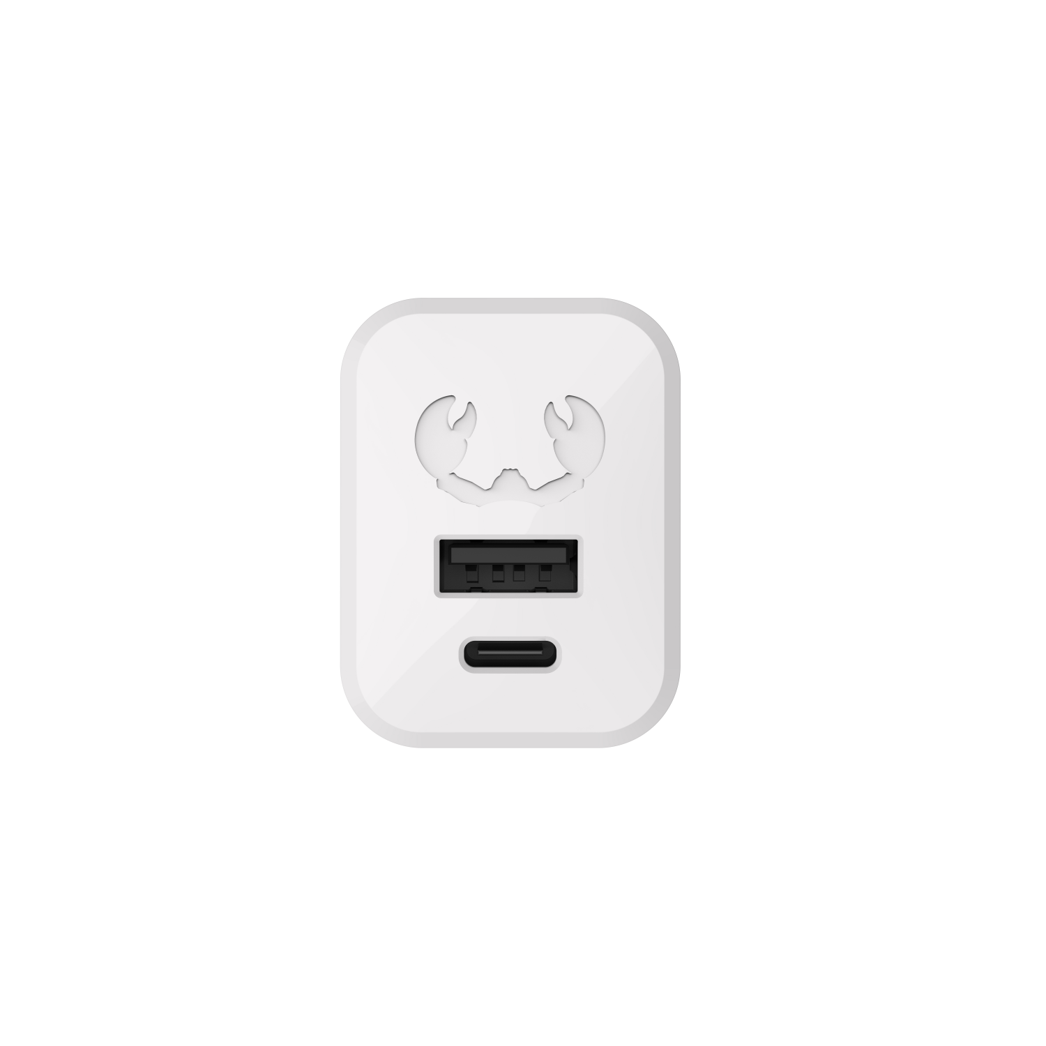 Witte vierkante oplader. USB-poorten. Krablogo. Zwarte achtergrond.