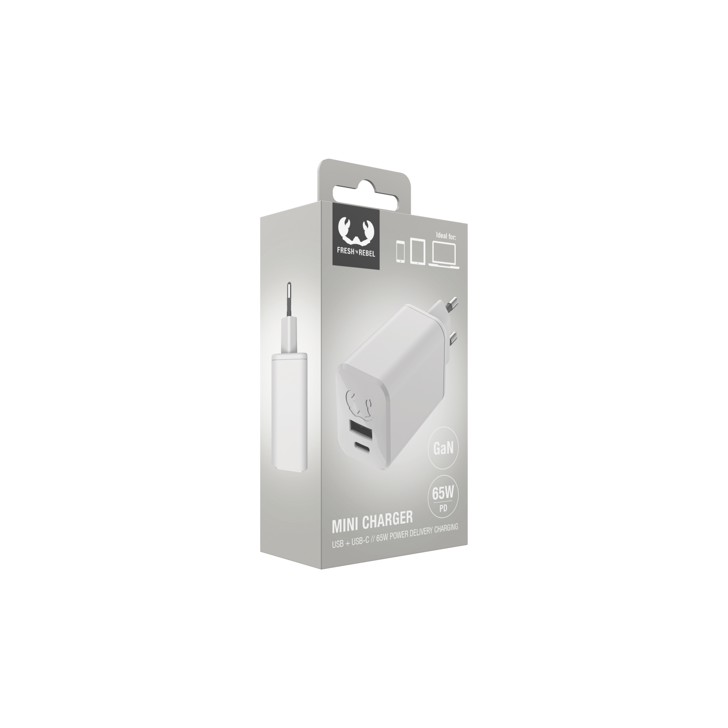 Een witte Fresh 'n Rebel Mini Charger in de verpakking. De oplader is wit, met een USB-C poort.