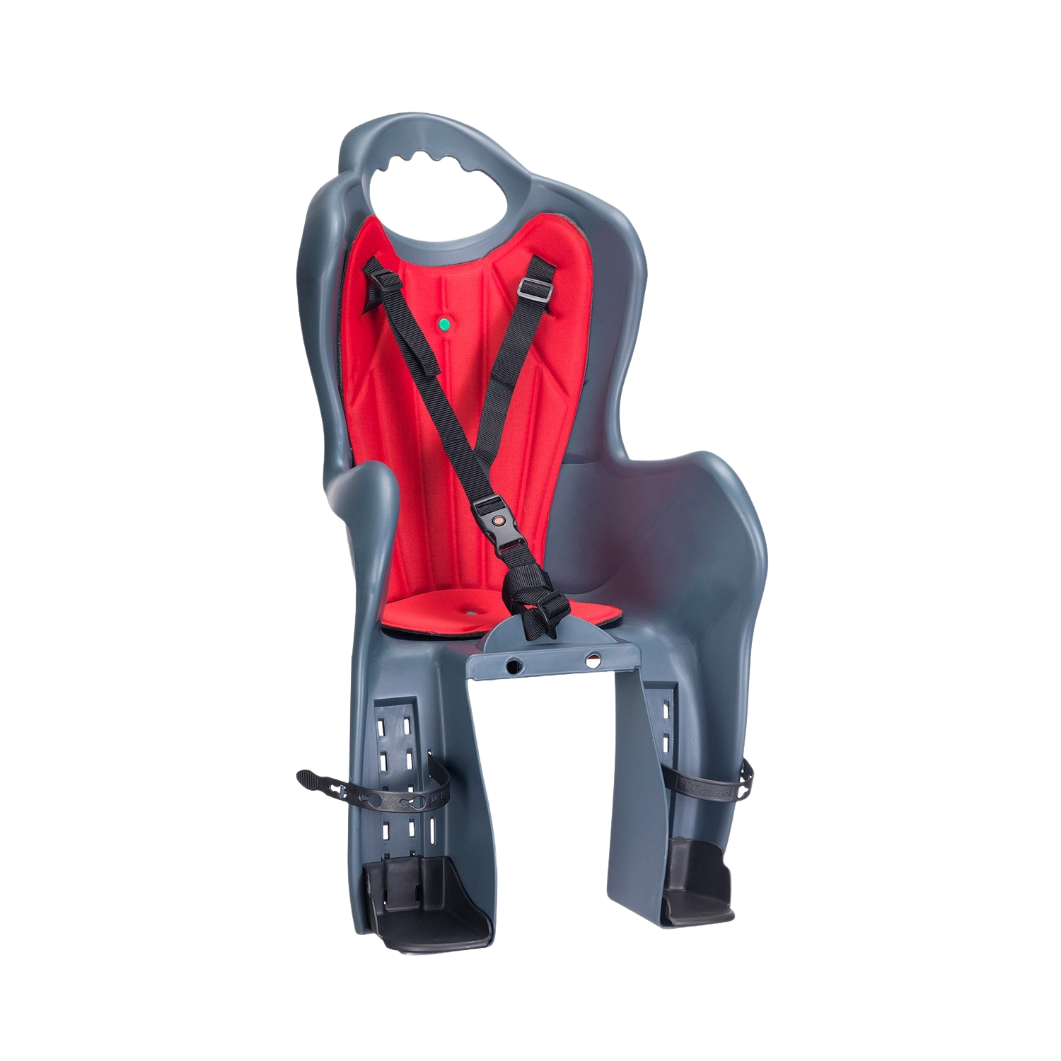 Un seggiolino per bici per bambini grigio e rosso con cuscino rosso e cinghie nere.