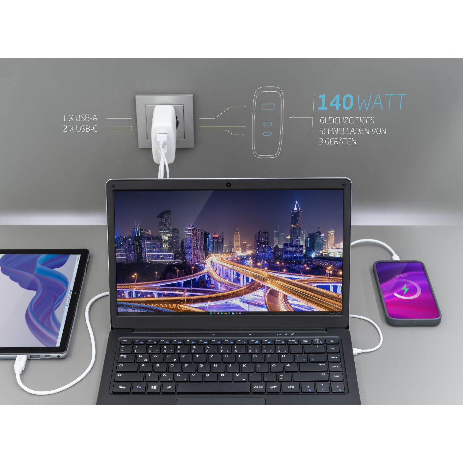Ein Laptop, Tablet und Telefon, die gleichzeitig mit einem 140-W-Ladegerät geladen werden.