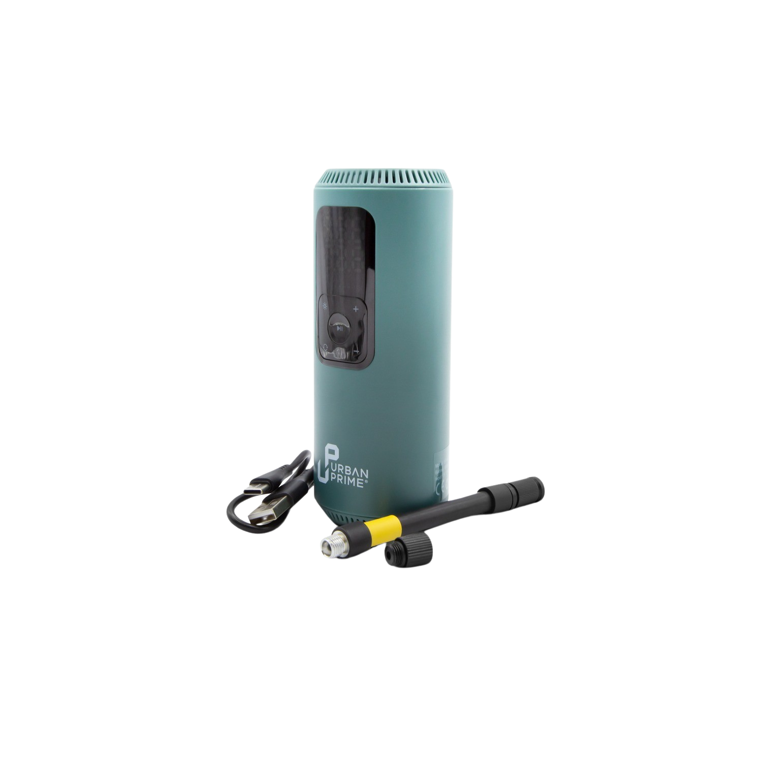 Una pompa ad aria cilindrica verde acqua con un tubo, un cavo USB e un tappo giallo. Sfondo nero.