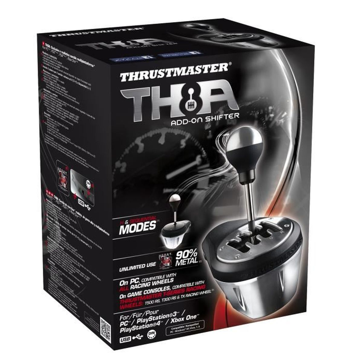Un levier de vitesses additionnel Thrustmaster TH8A. La boîte est noire avec des graphiques, le levier argenté.