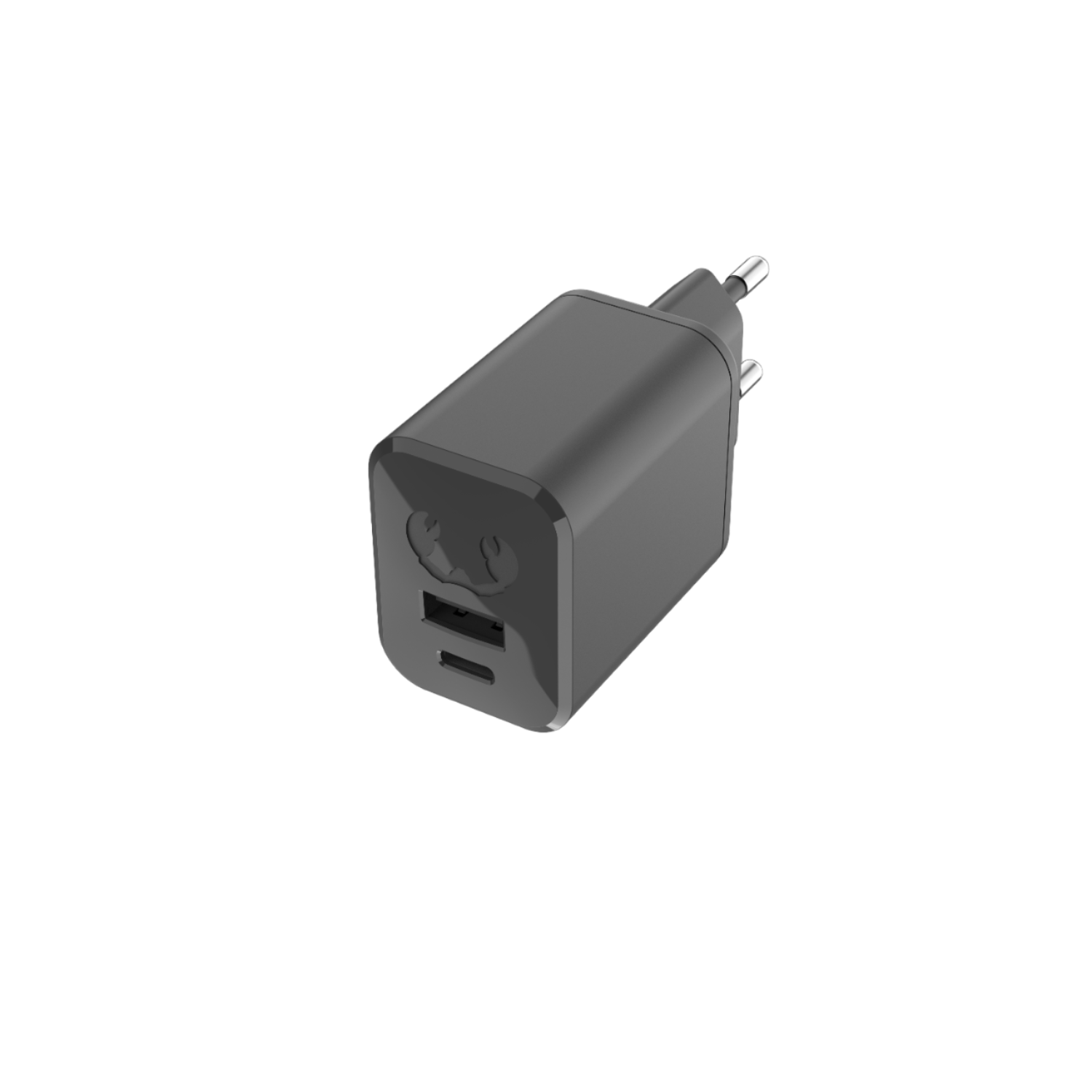 Een donkergrijze oplader met twee USB-poorten en een USB-C-poort, op een zwarte achtergrond.
