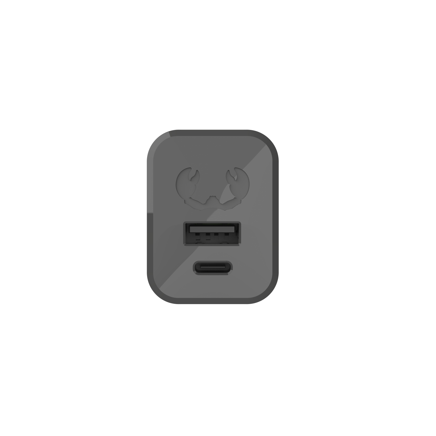 Een grijze oplader met USB- en USB-C-poorten en een krablogo.