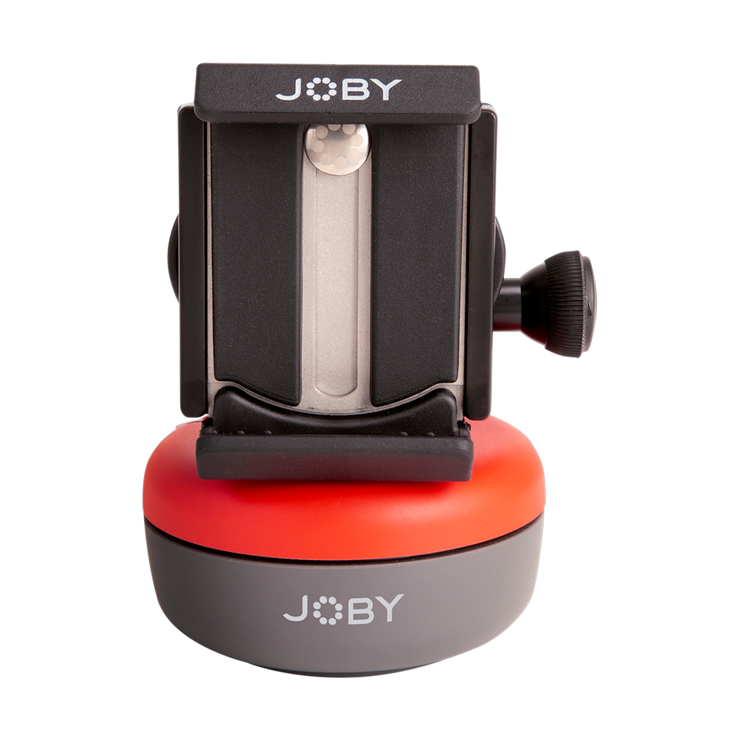 Een zwarte en rode statiefkop met de naam JOBY. De achtergrond is licht.