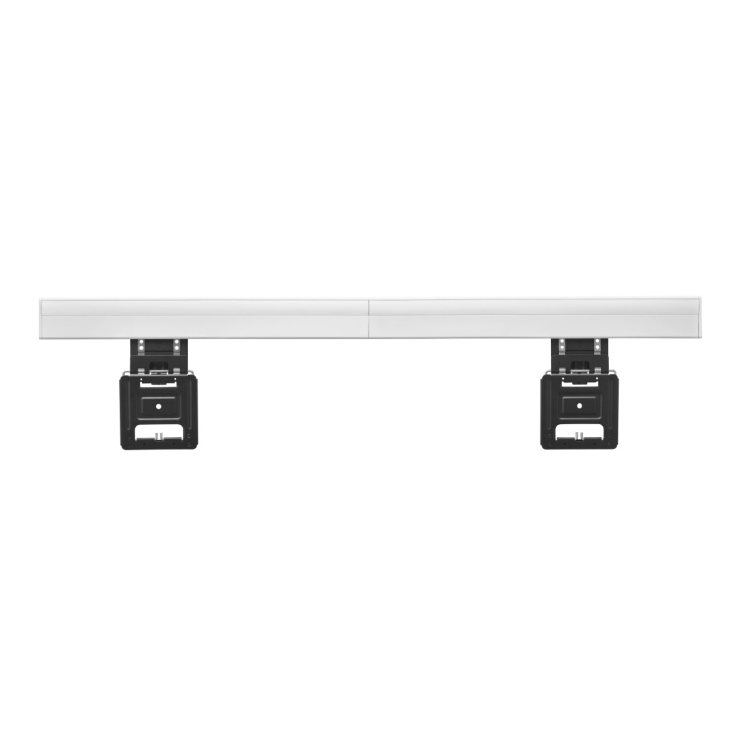 Two black brackets with a white bar. Black background.