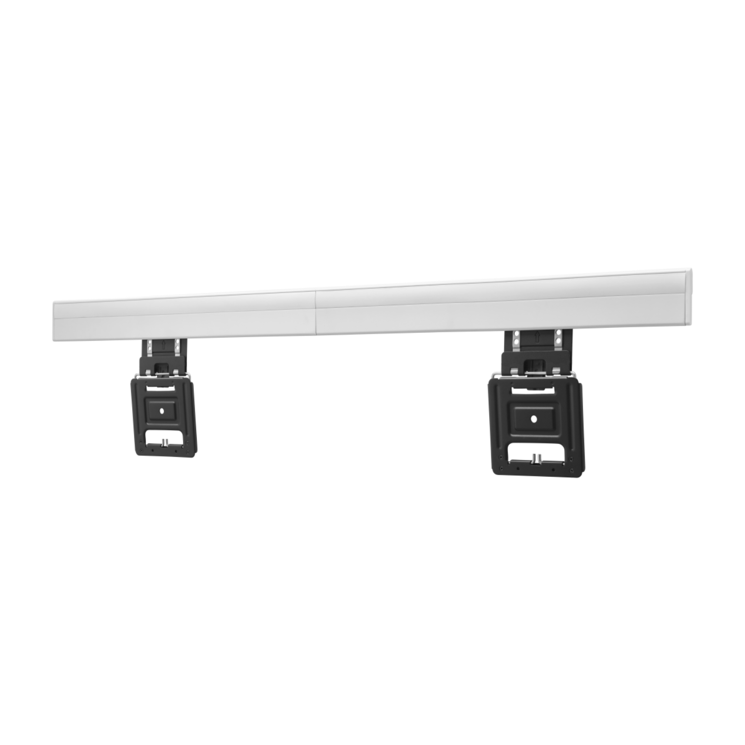 A long, white TV wall mount on a black background. Two black mounting brackets are attached.