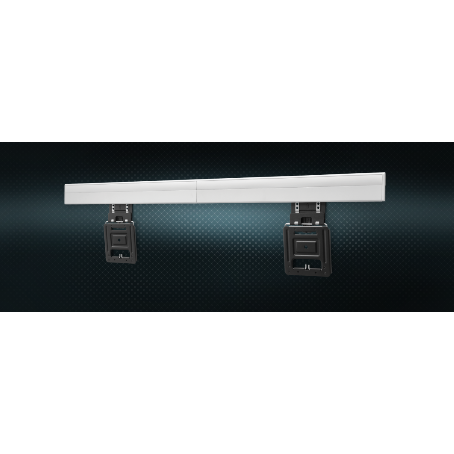 White TV mount. Black mounting brackets. Dark background.