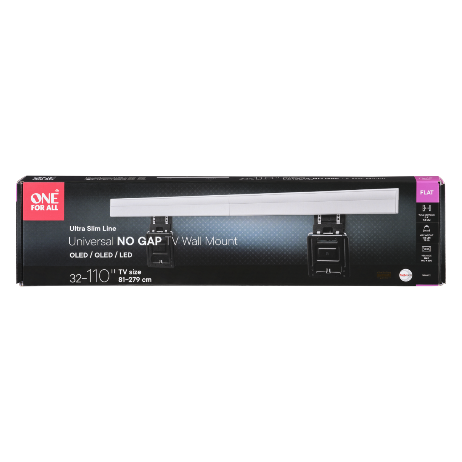 Box with 'ONE FOR ALL' text and product details. It's a universal TV wall mount.