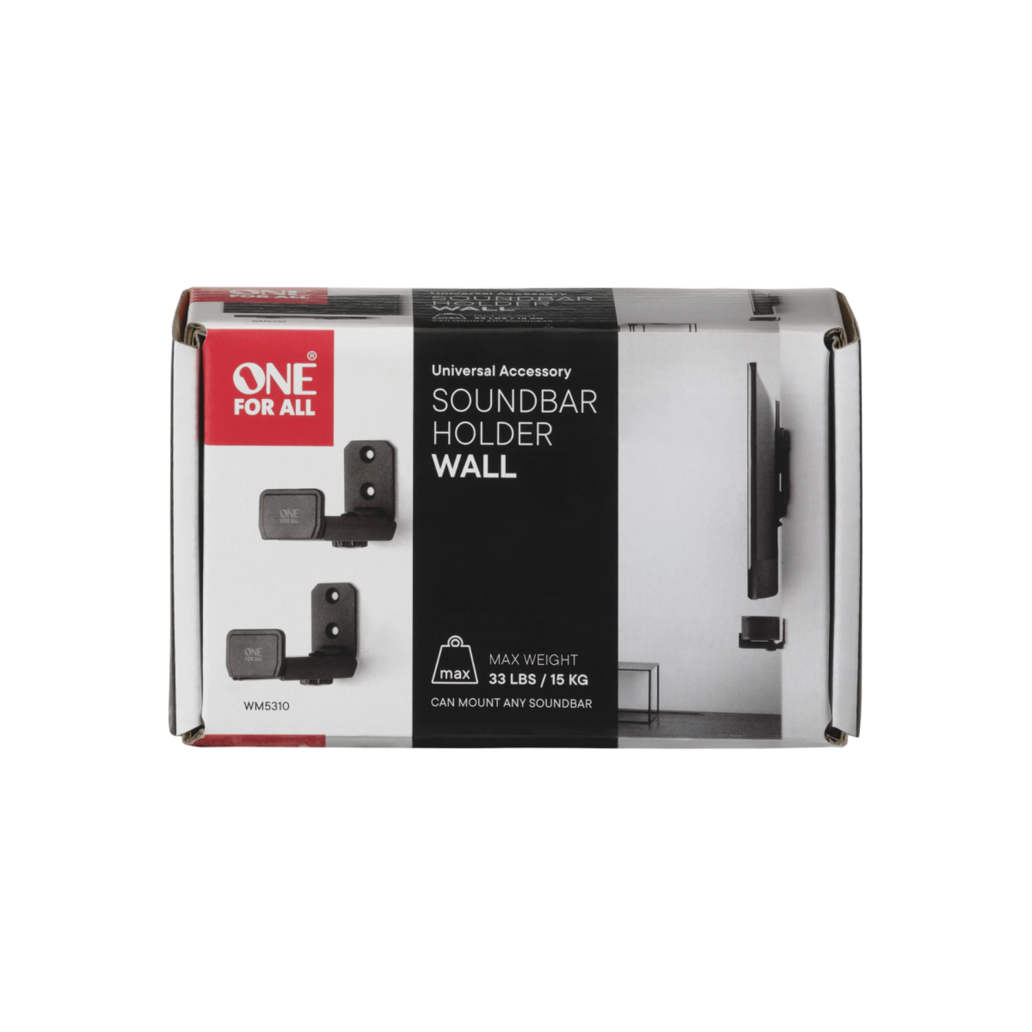 Doos met een zwarte houder en tekst: 'SOUNDBAR HOLDER WALL'.