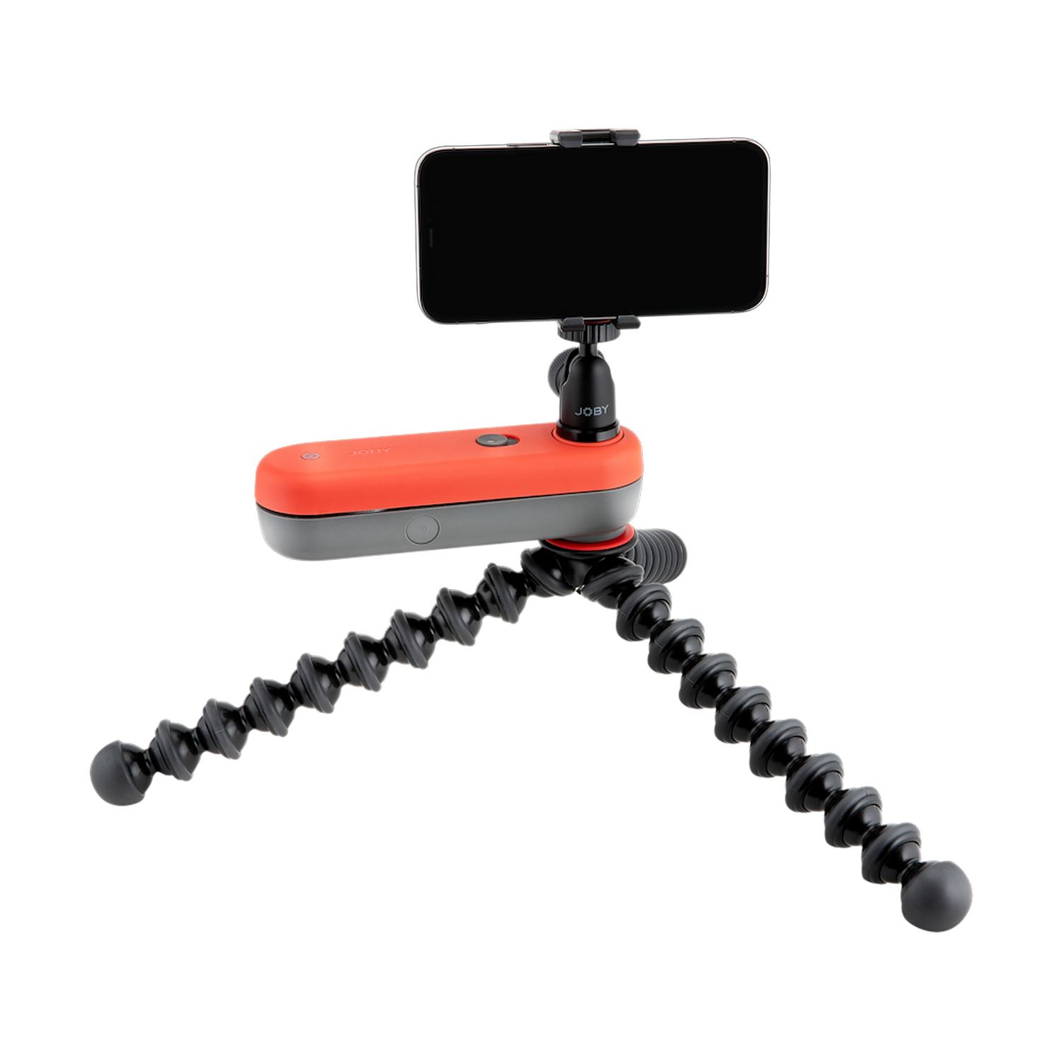 Un smartphone montado en un trípode flexible. El trípode es negro y rojo.