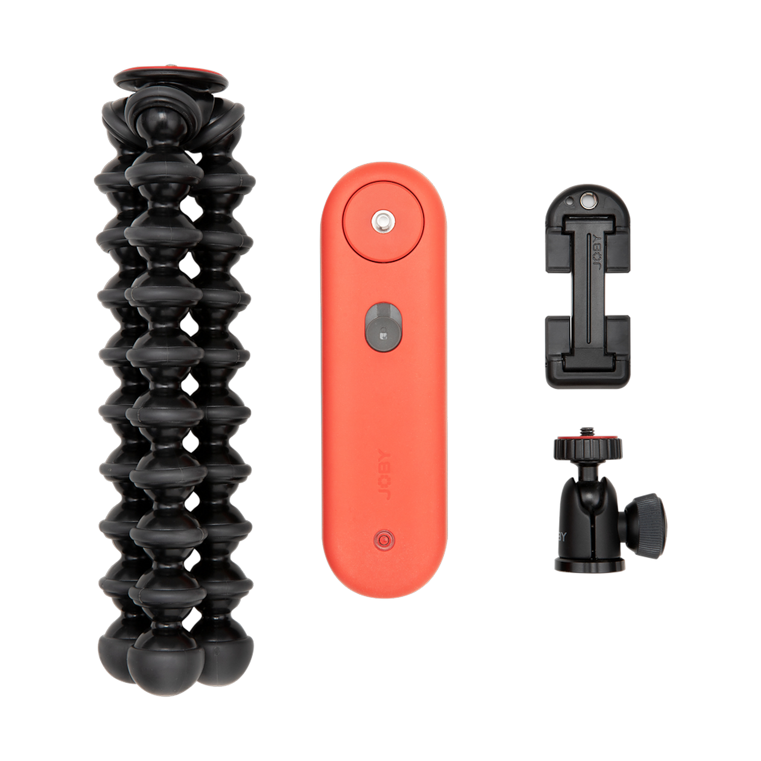 Kit de trípode Joby naranja. El kit incluye un trípode flexible, un control remoto y otros accesorios.