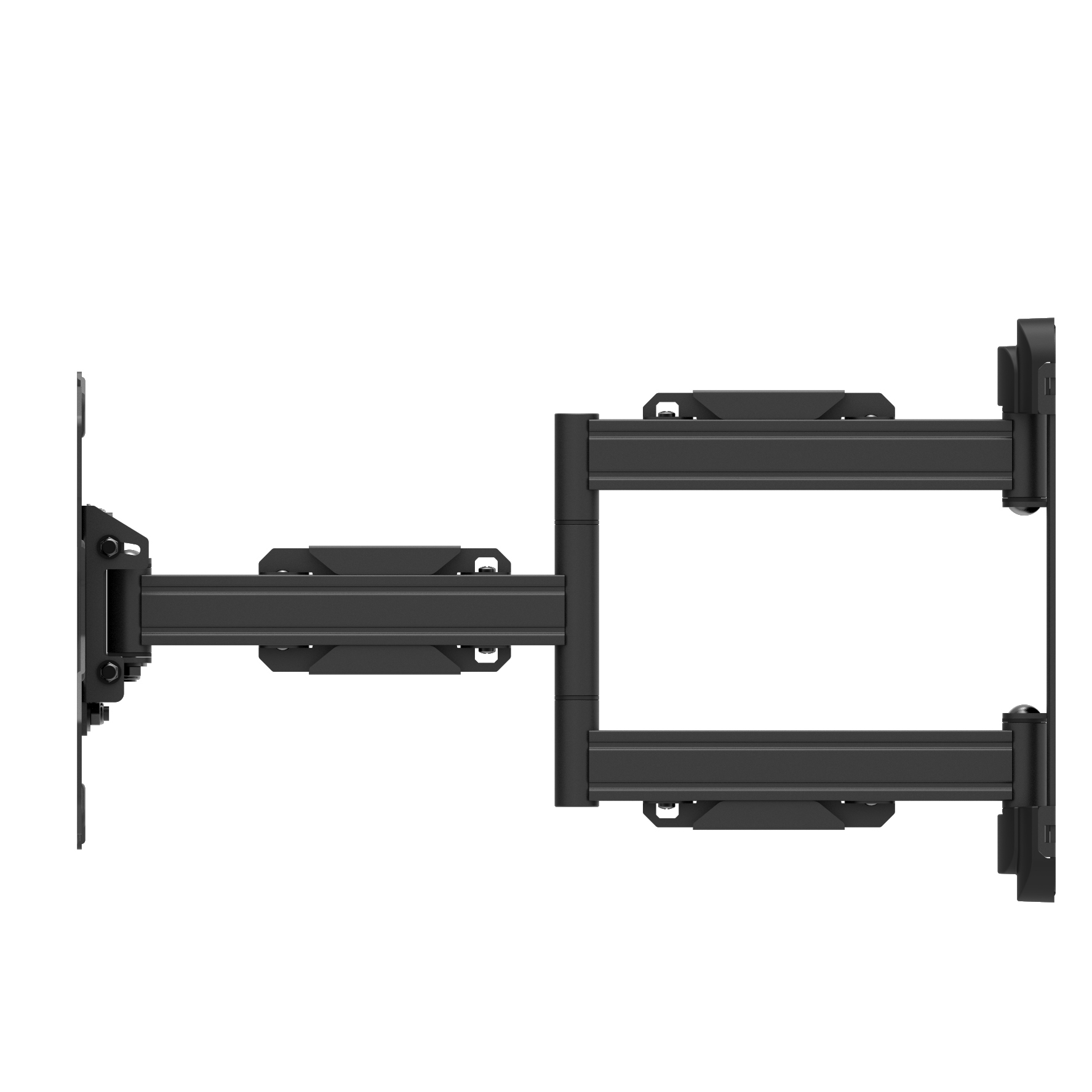 Black TV mounting bracket, articulated with two arms, against a white background.