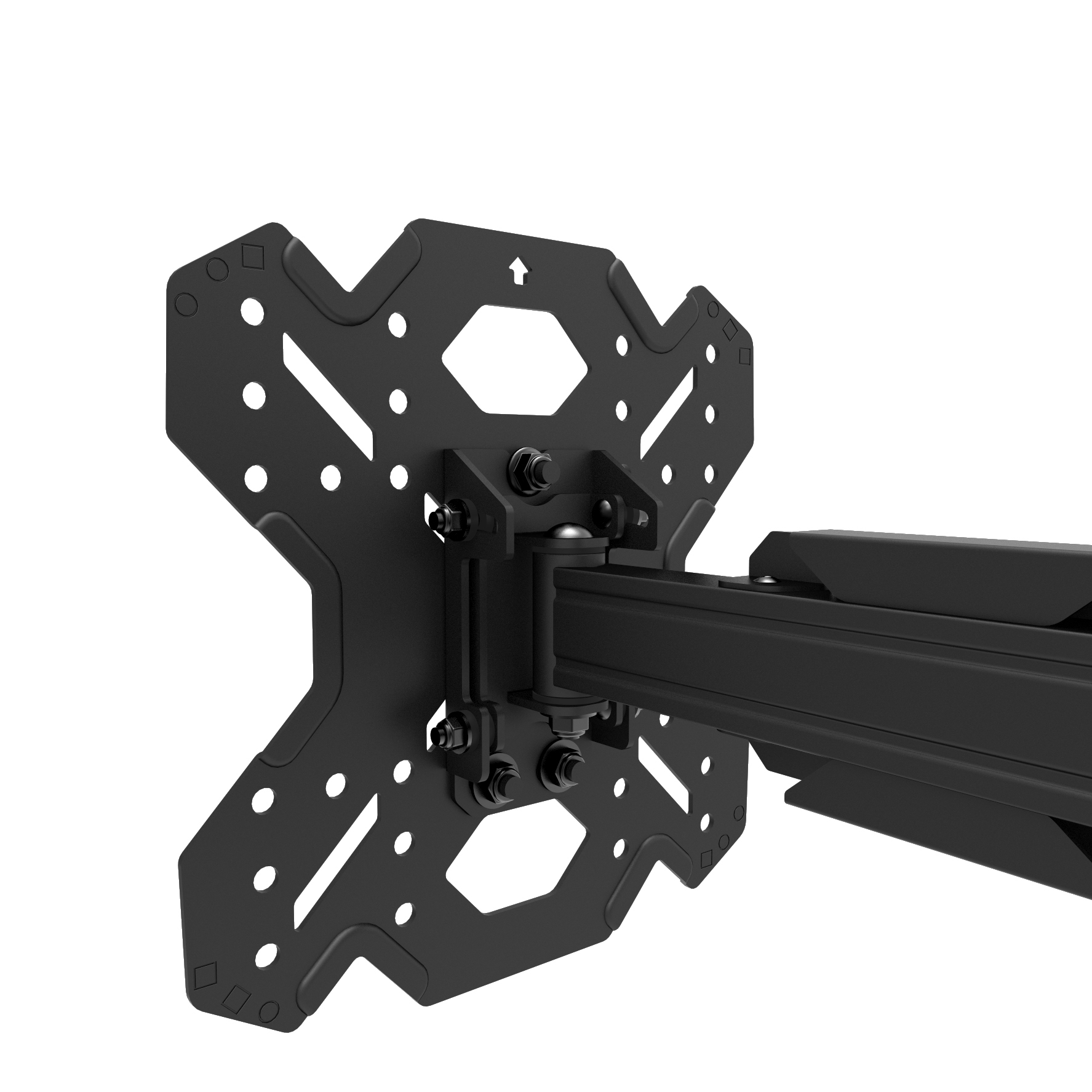 A black TV wall mount with articulated arms and bolts.