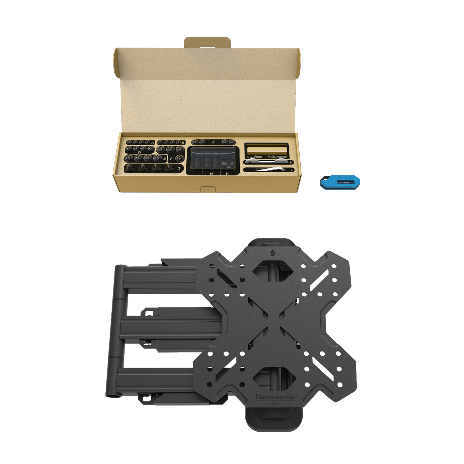 A TV wall mount kit, with parts in a box, and the mounted bracket below.