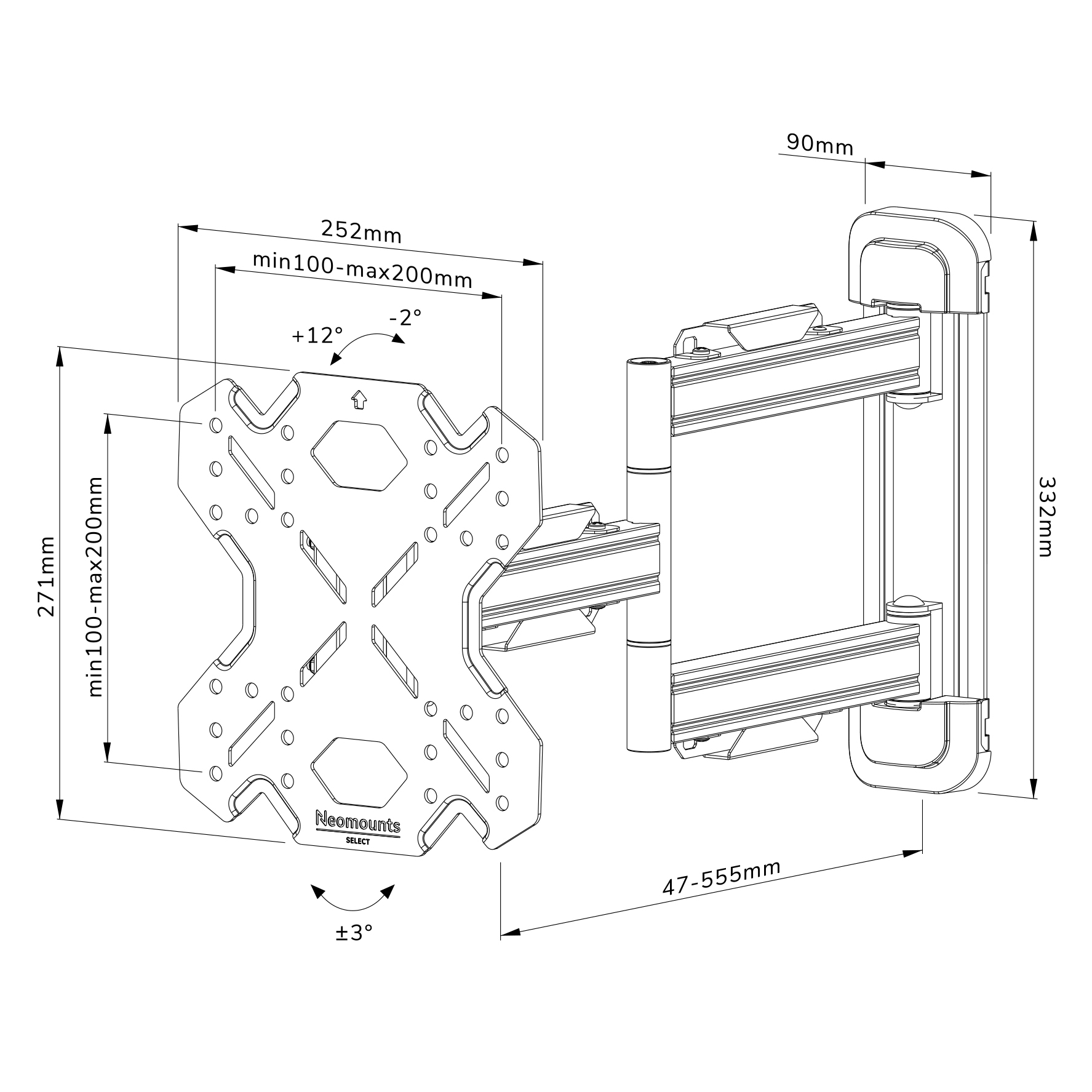 A black and silver TV wall mount with measurements. It has a mounting plate and an arm.