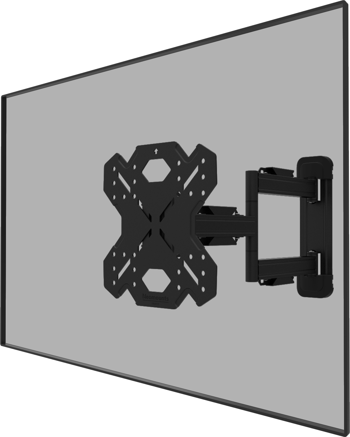 Black TV wall mount on gray background. The mount is for a TV and has an angled design.